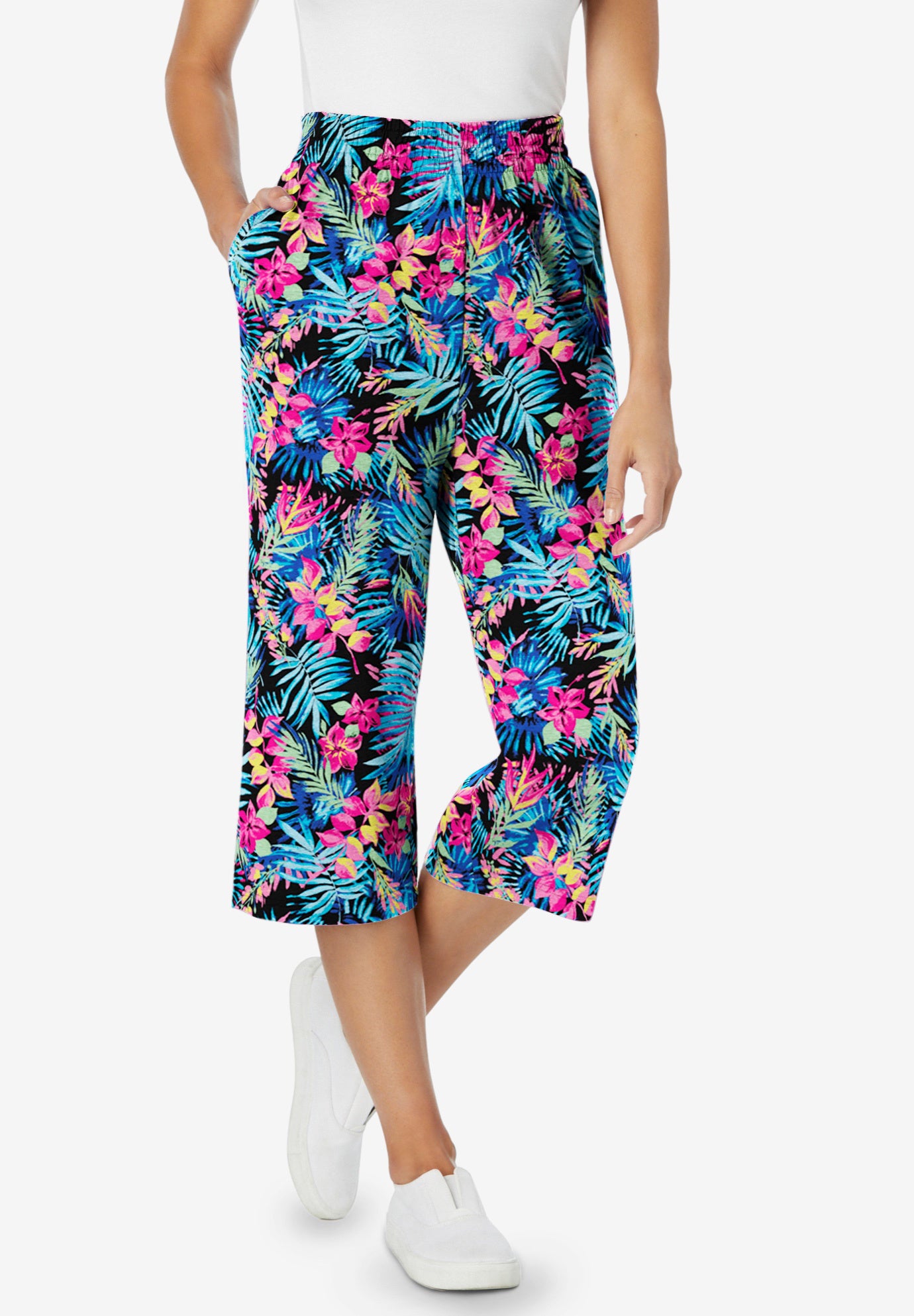 Elastic-Waist Pull-On Knit Pocket Capri Pants image number 0