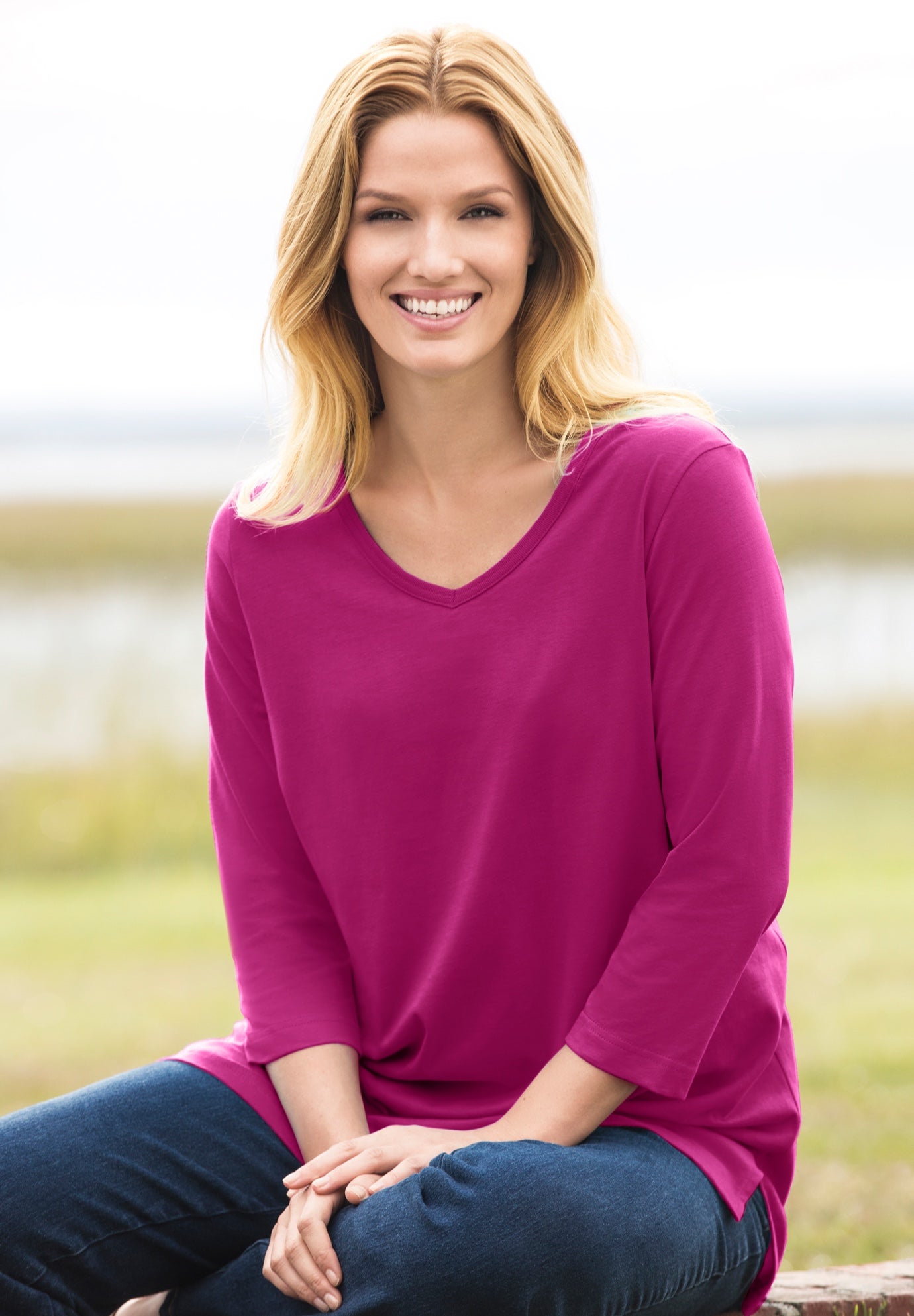 Three-Quarter Sleeve V-Neck Tunic Top, Raspberry | Woman Within