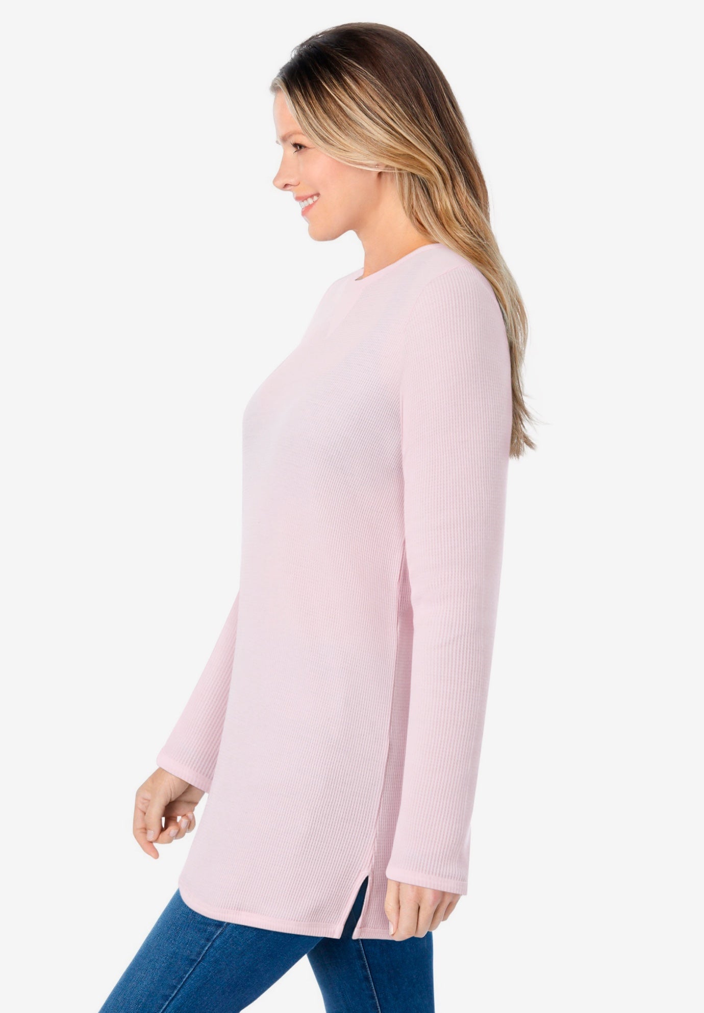 Thermal Sweatshirt - Relaxed V-Stitch Design, Pink | Woman