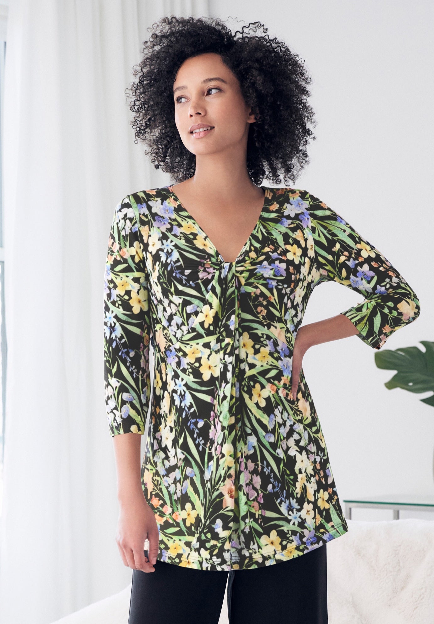 Stretch Knit V-neck 3/4 Sleeve Knot Front Tunic image number 0