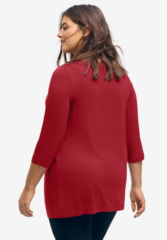 Stretch Knit V-neck 3/4 Sleeve Knot Front Tunic image number 1