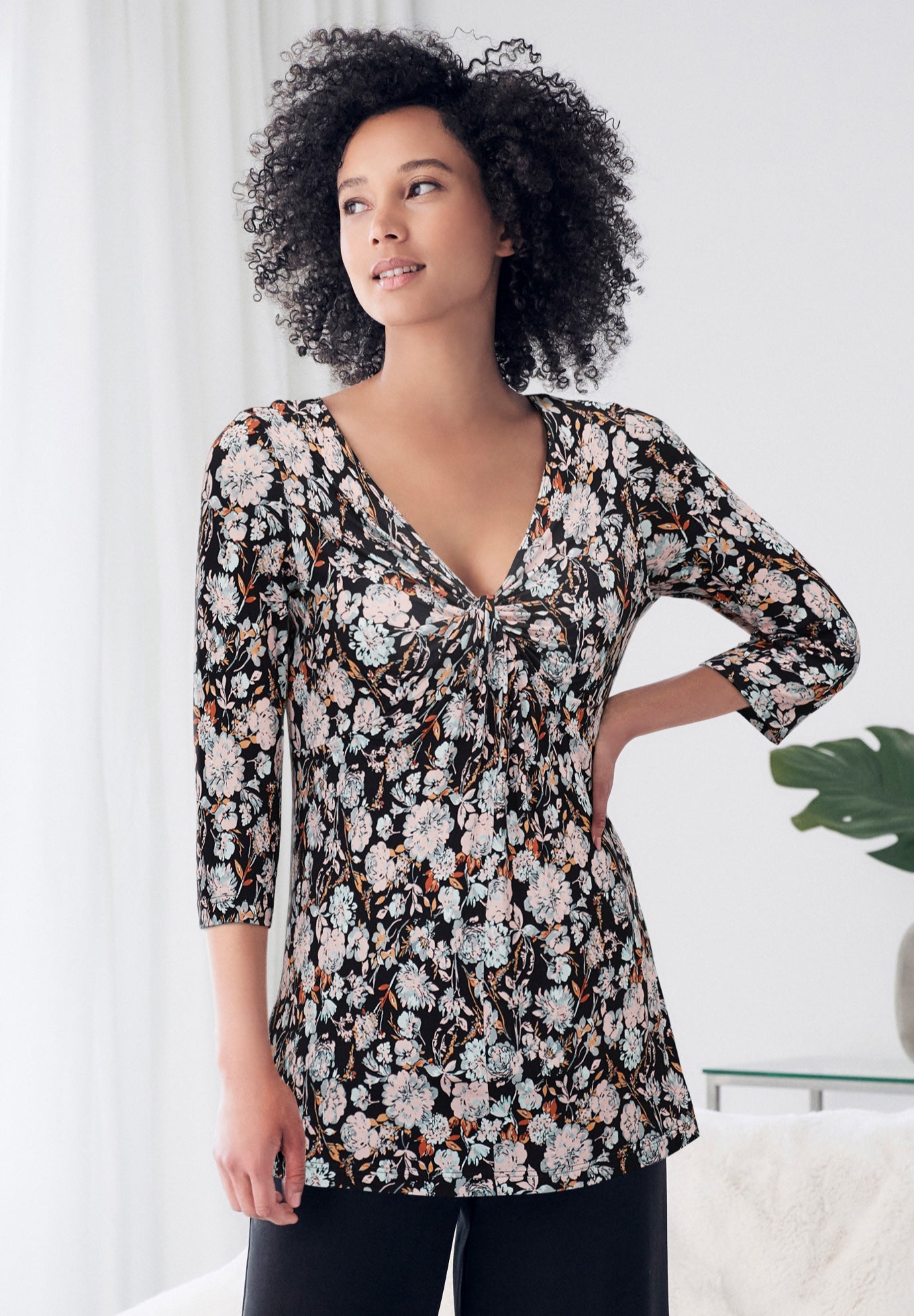 Stretch Knit V-neck 3/4 Sleeve Knot Front Tunic image number 0