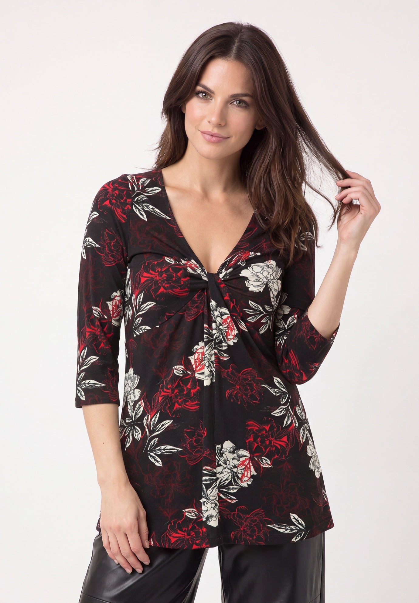 Stretch Jersey Knit V-Neck Three-Quarter Sleeve Knot Front Tunic image number 0