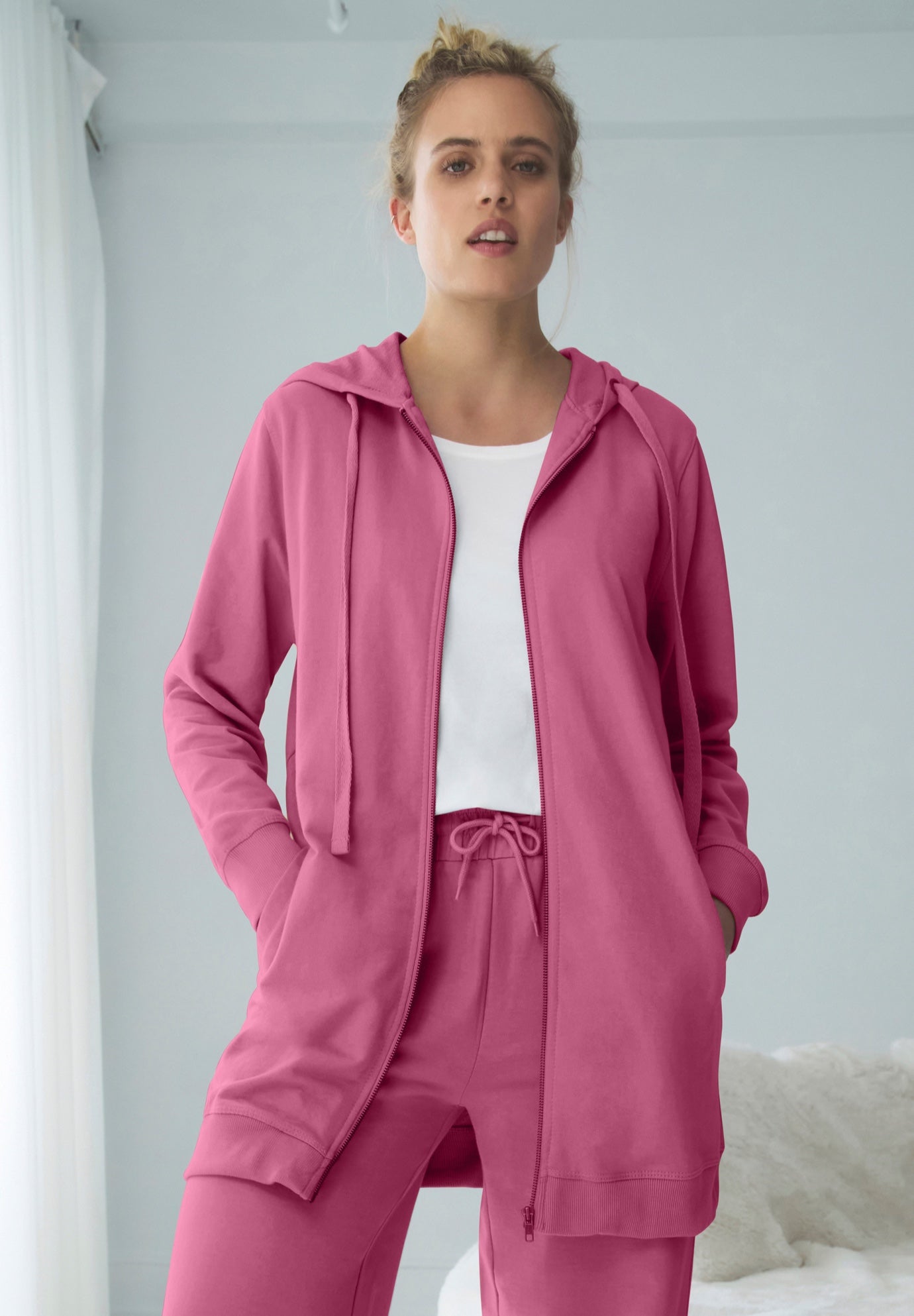 French Terry Long Sleeve Zip-Front Tunic Hoodie image number 0