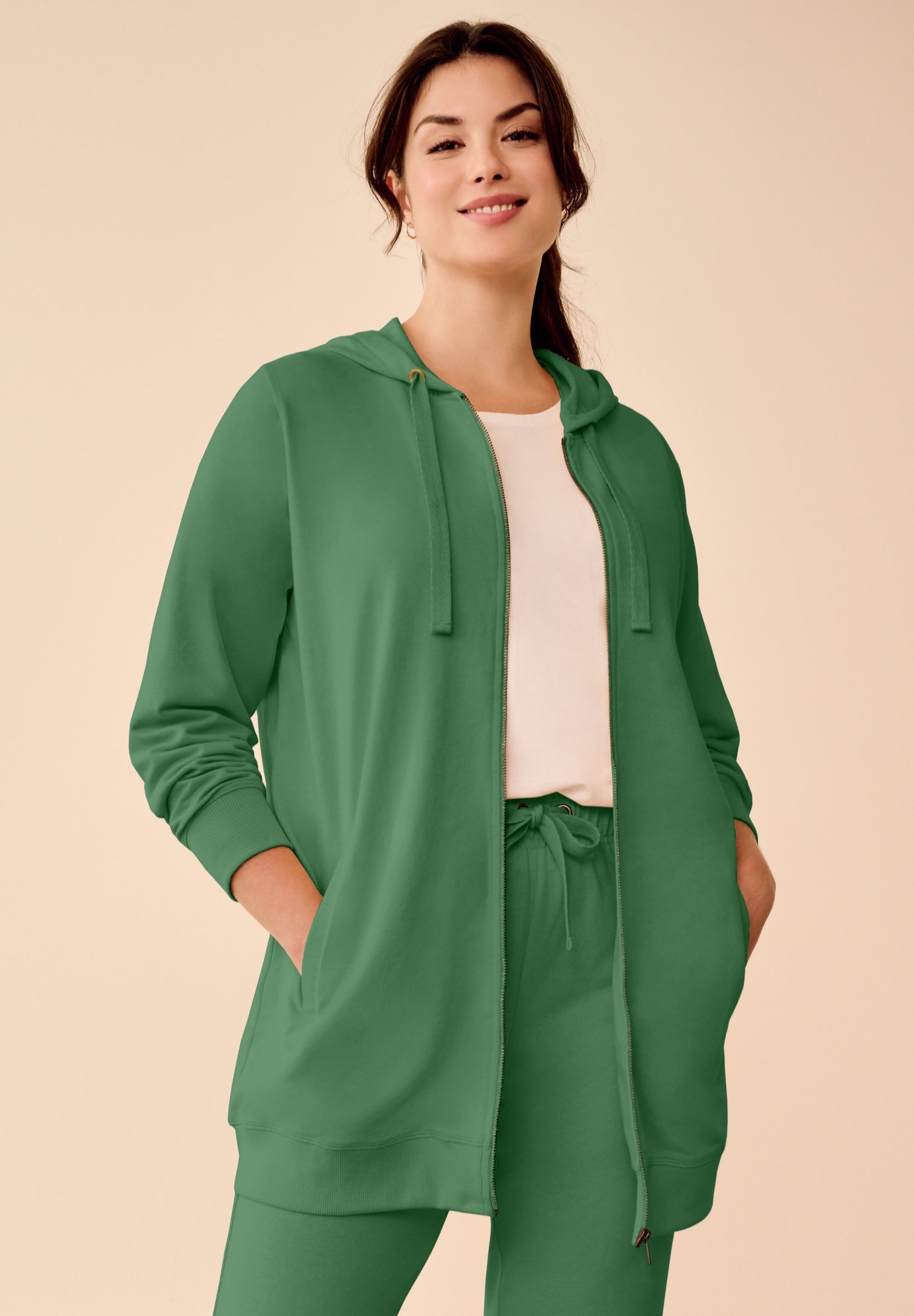 French Terry Long Sleeve Zip-Front Tunic Hoodie image number 0