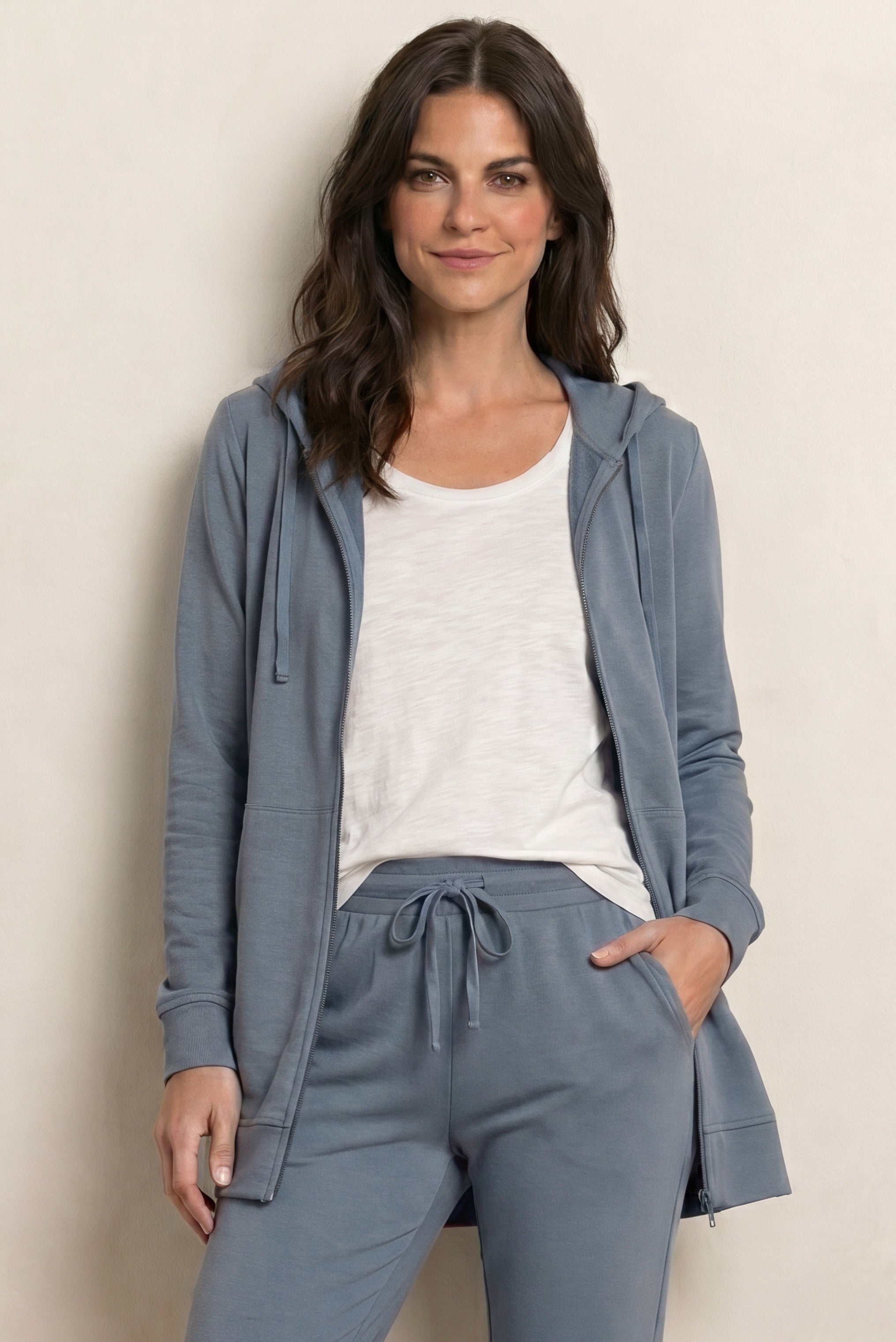 French Terry Long Sleeve Zip-Front Tunic Hoodie image number 0