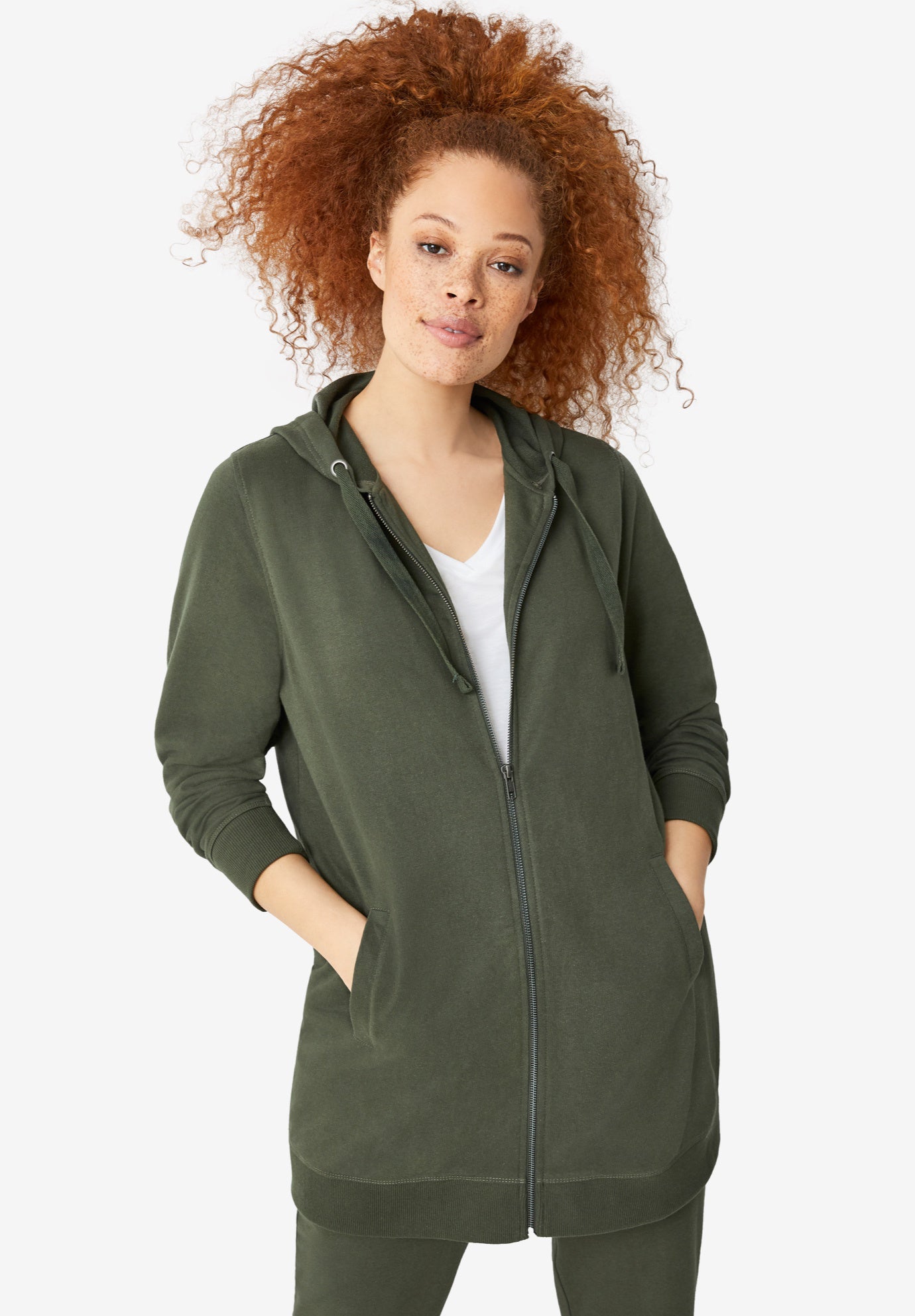 French Terry Long Sleeve Zip-Front Tunic Hoodie image number 0