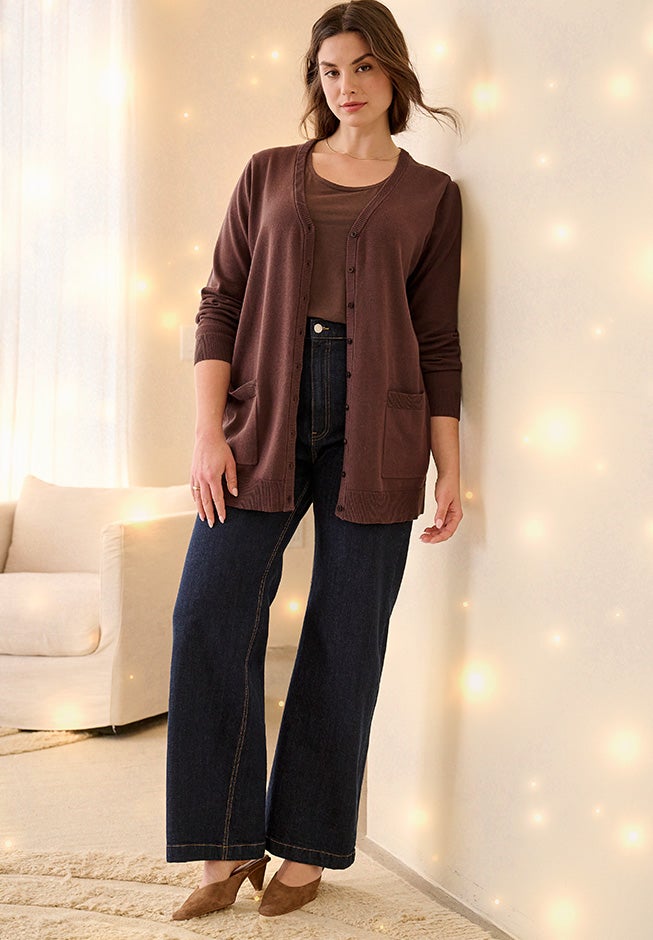 V-Neck Button-Front 100% Cotton Boyfriend Cardigan image number 2