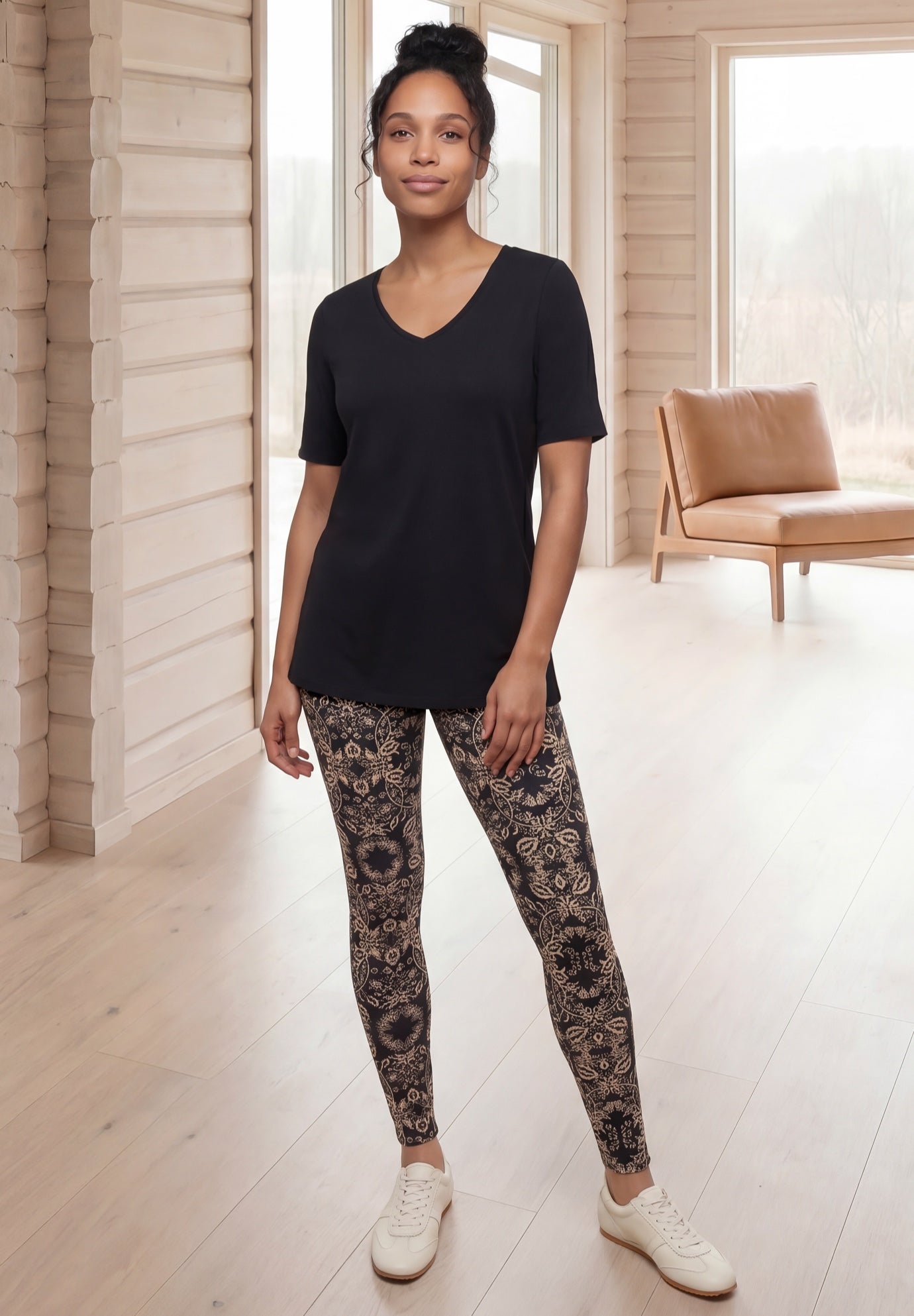 Cotton Spandex Elastic Waist Full Length Leggings image number 0
