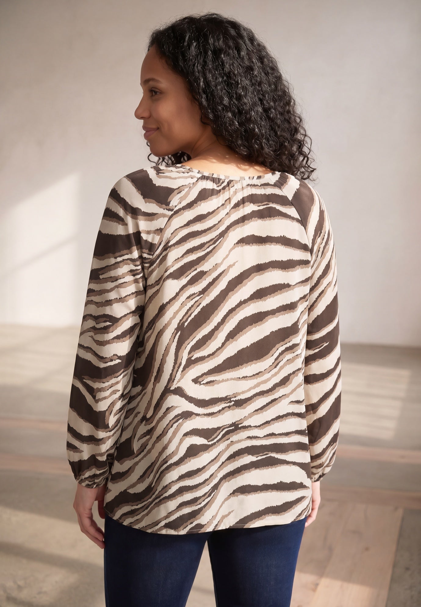 A-Line Long Sleeve Peasant Tunic with Tie-Neck Keyhole Neckline image number 1