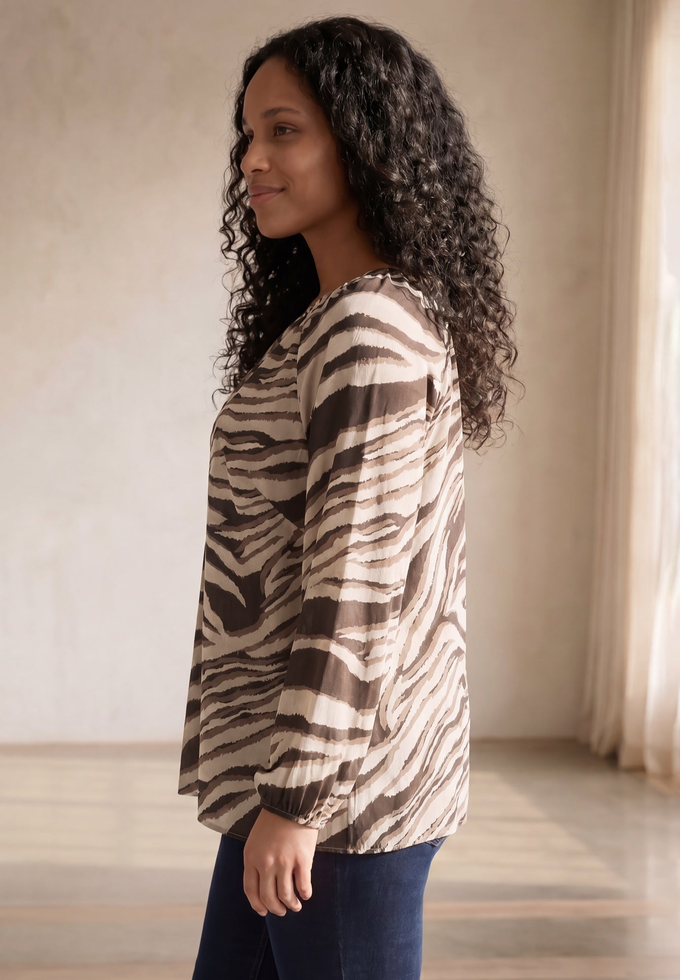 A-Line Long Sleeve Peasant Tunic with Tie-Neck Keyhole Neckline image number 2