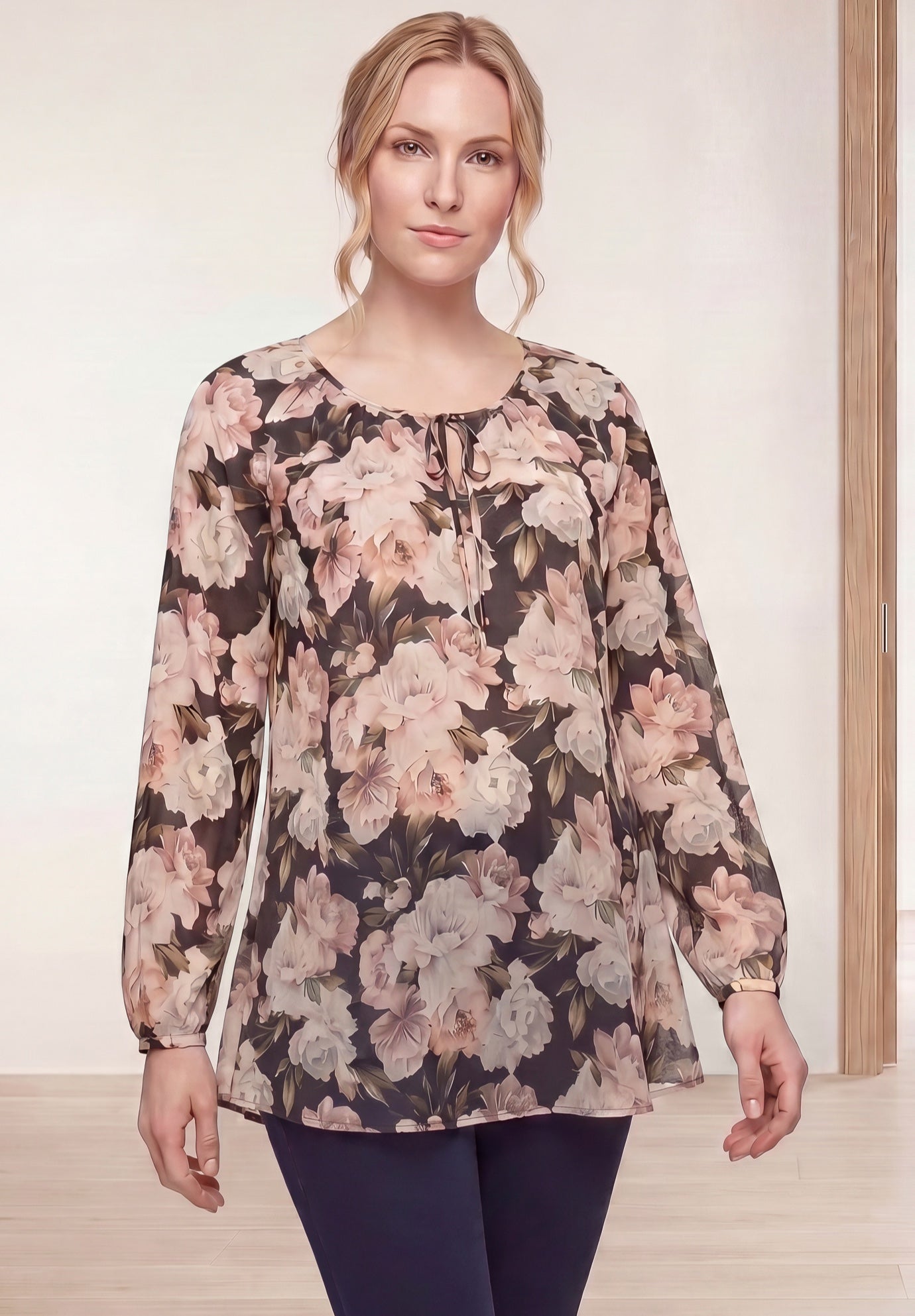 A-Line Long Sleeve Peasant Tunic with Tie-Neck Keyhole Neckline image number 0