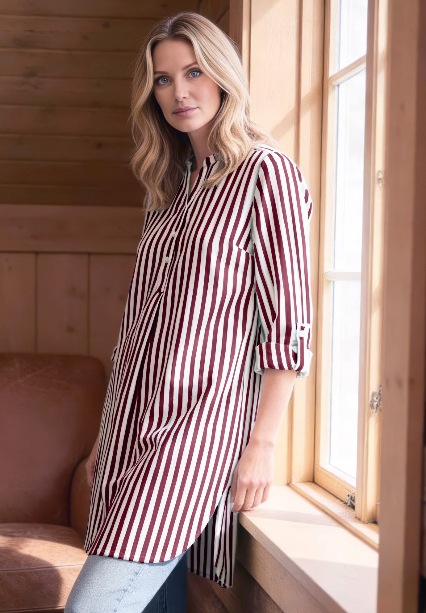 Three-Quarter Sleeve Roll Tab Relaxed Fit 100% Cotton Henley Tunic image number 0