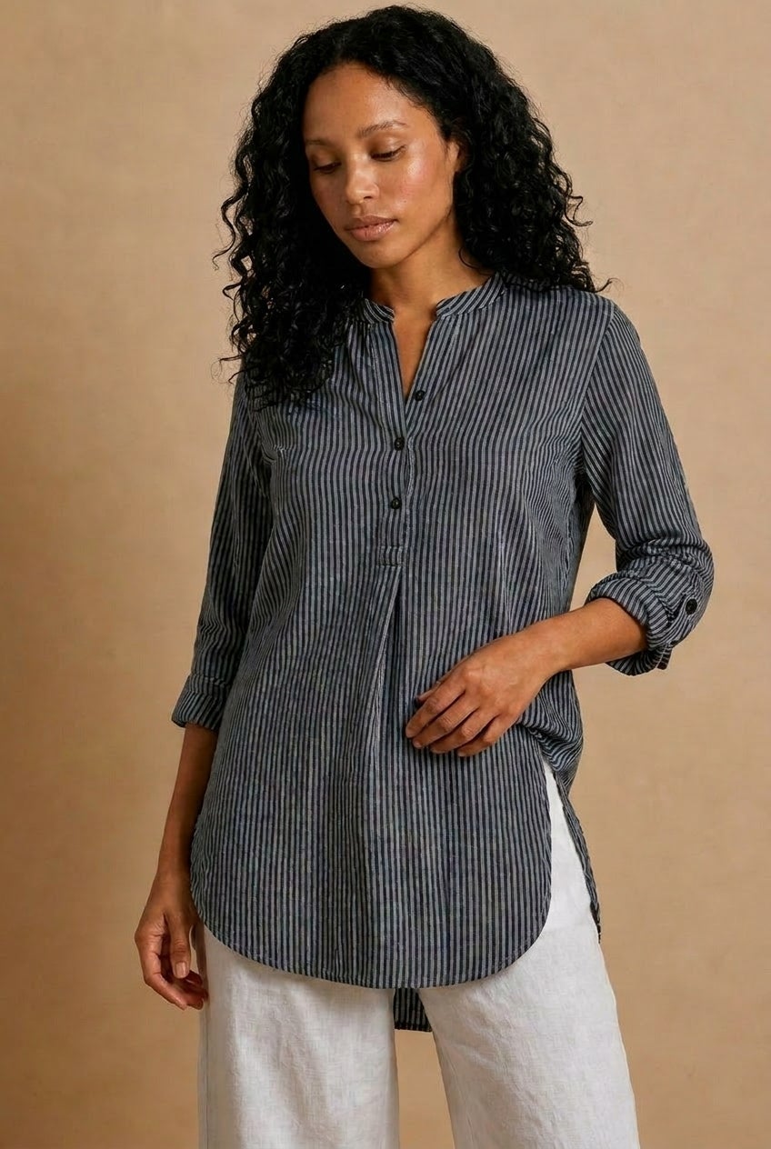 Three-Quarter Sleeve Roll Tab Relaxed Fit 100% Cotton Henley Tunic image number 0