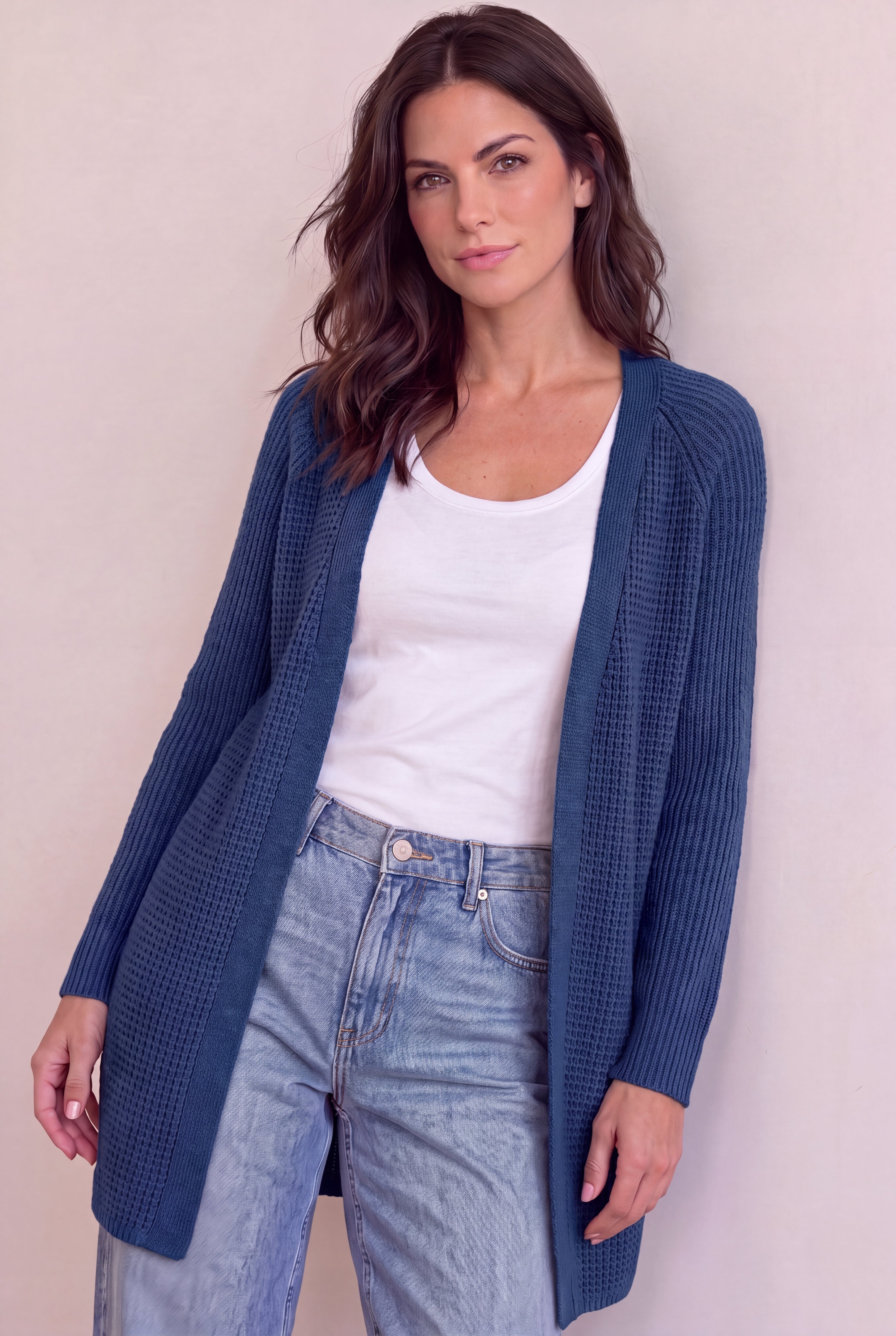Open Front Long Ribbed Sleeve Waffle Cardigan image number 0