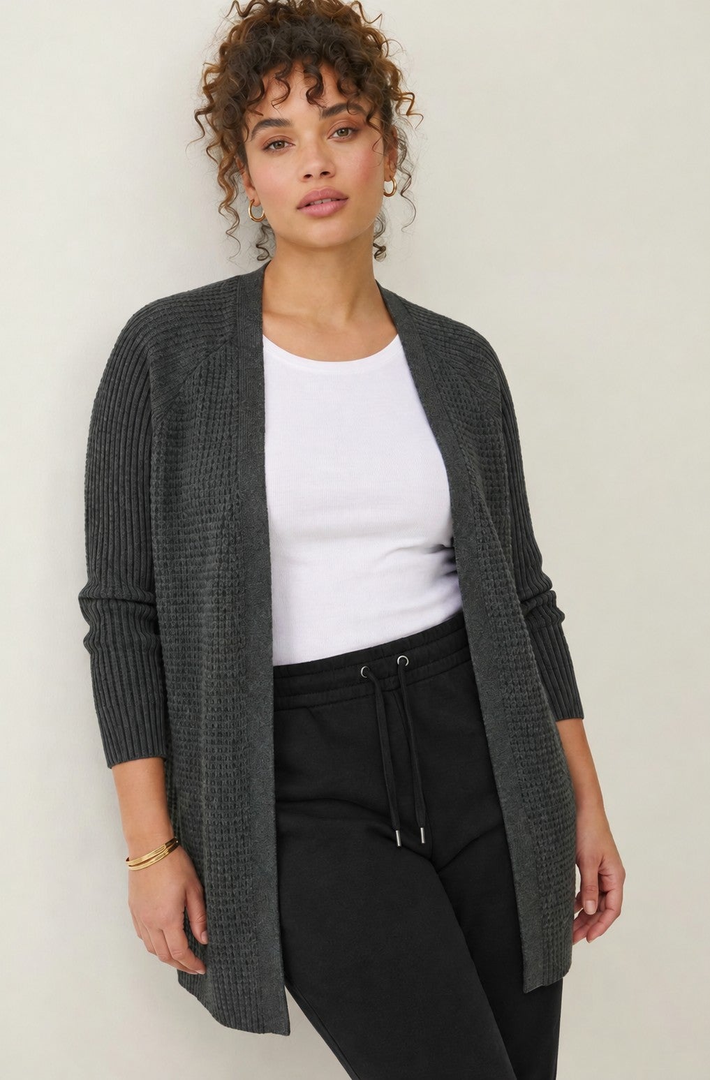 Open Front Long Ribbed Sleeve Waffle Cardigan image number 0