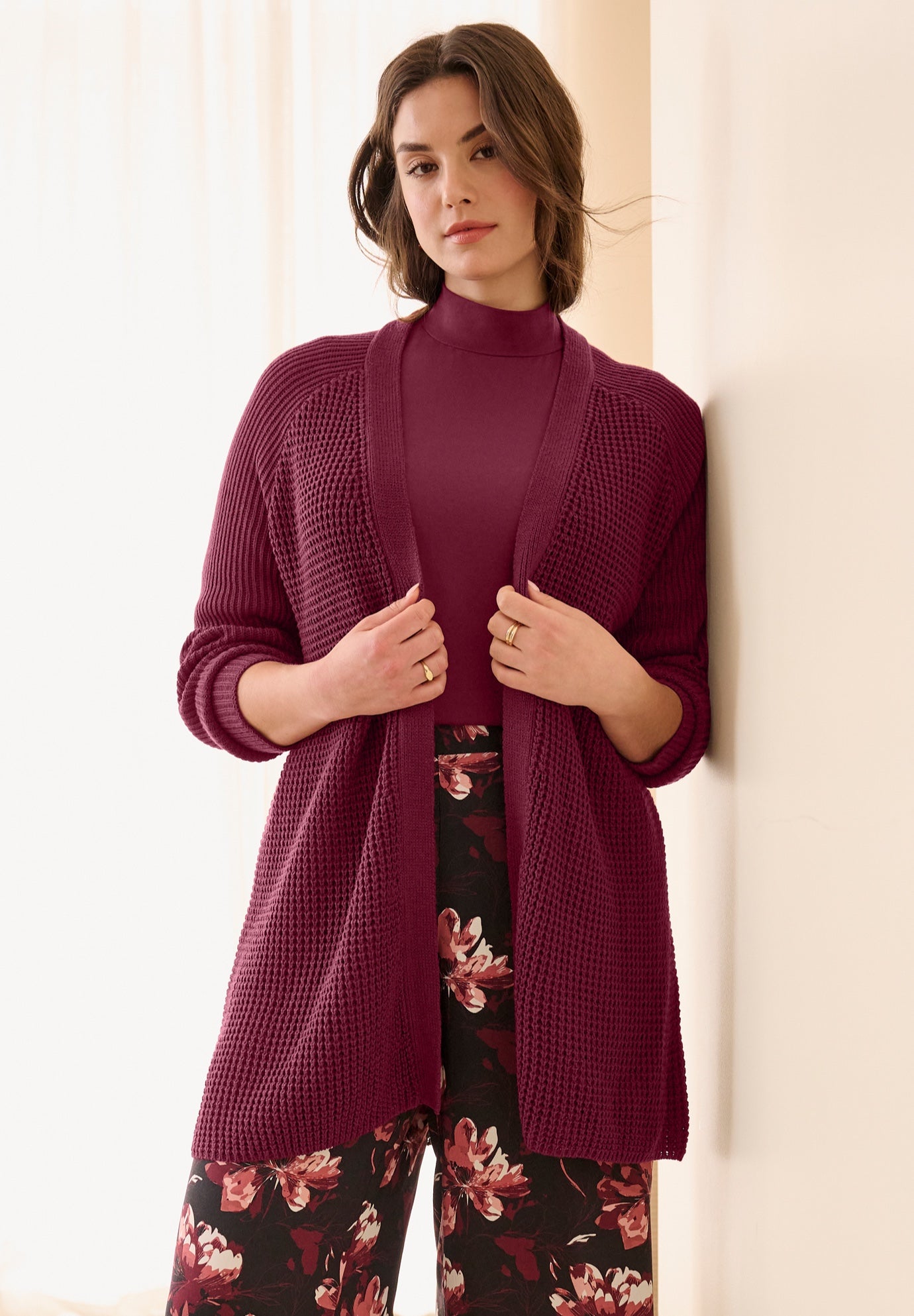 Open Front Long Ribbed Sleeve Waffle Cardigan image number 0