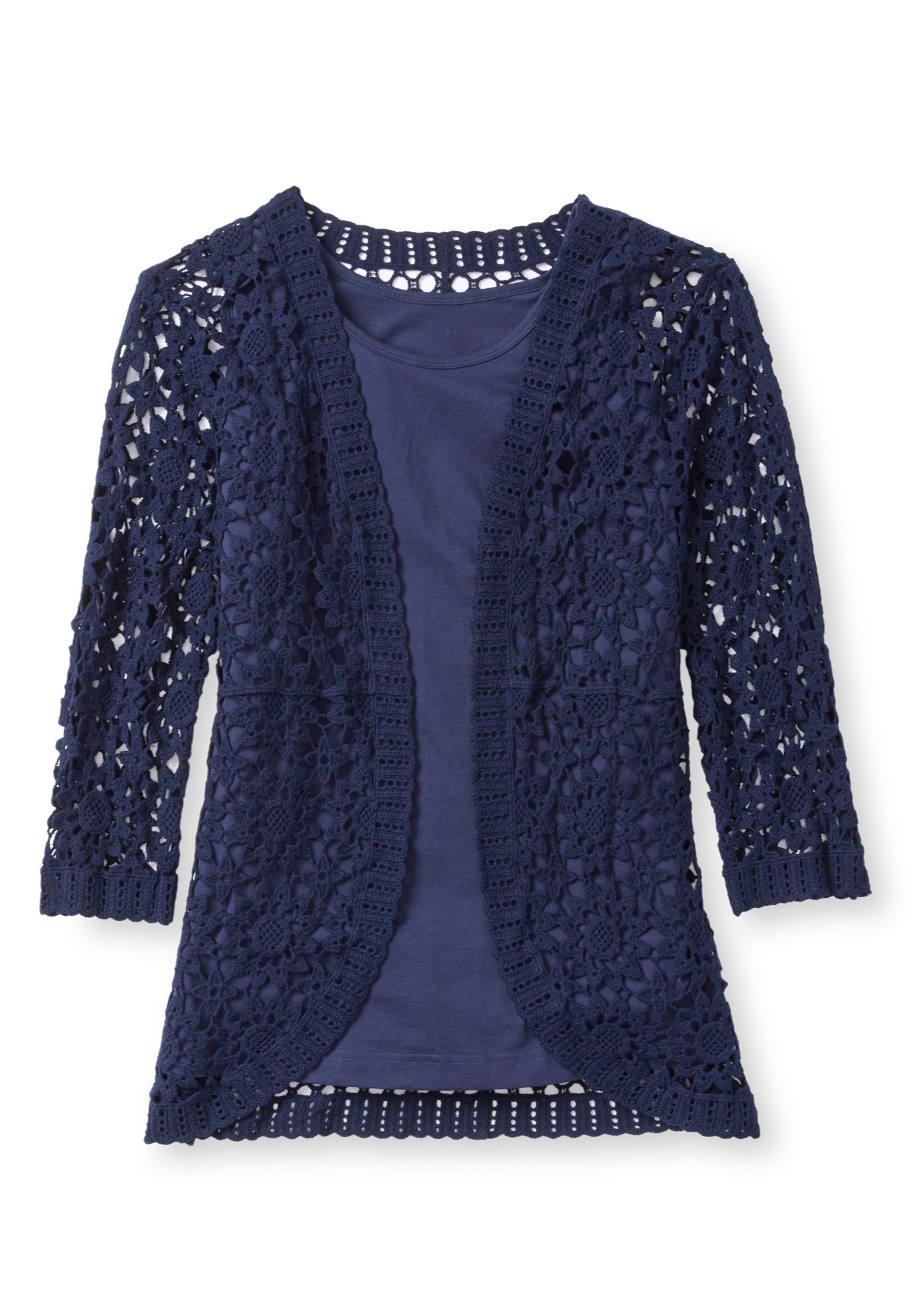 Crochet Curved-Hem Cardigan Sweater image number 1