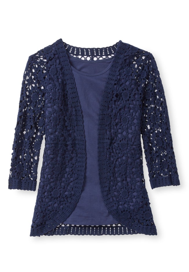 Crochet Curved-Hem Cardigan Sweater image number 1