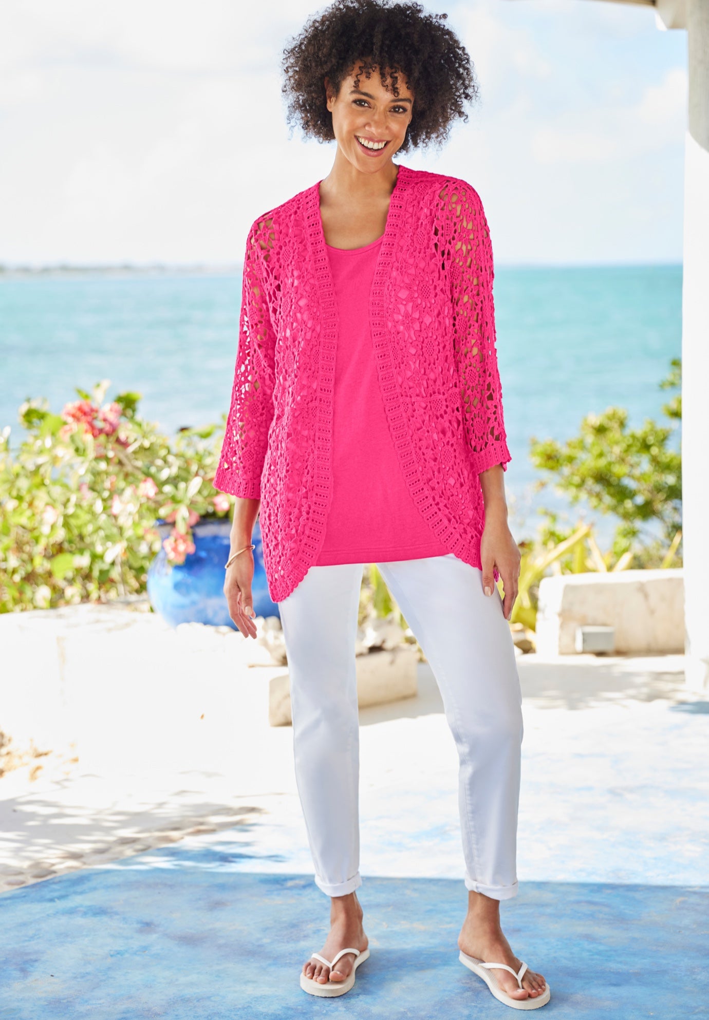 Crochet Curved-Hem Cardigan Sweater image number 0