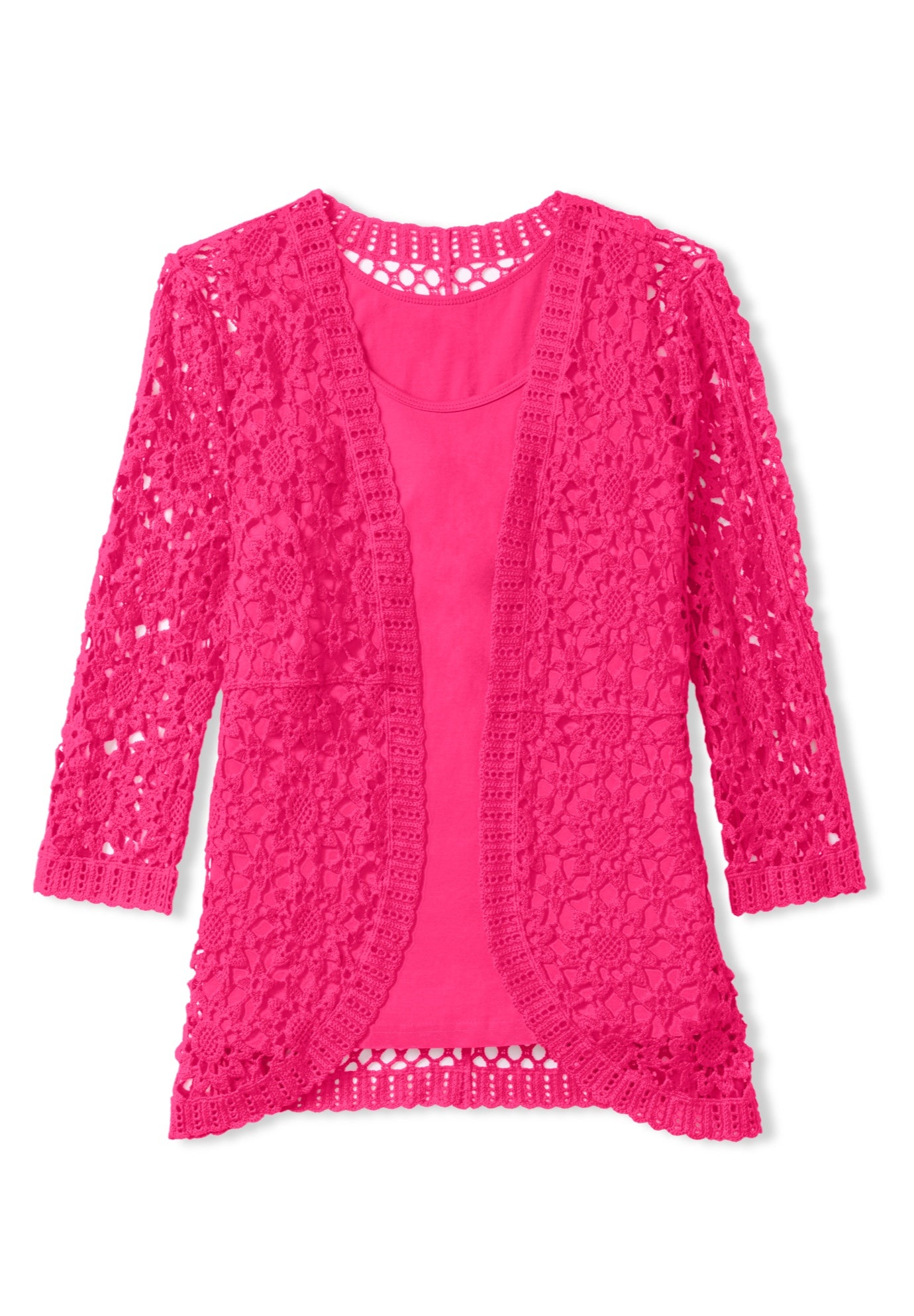 Crochet Curved-Hem Cardigan Sweater image number 1