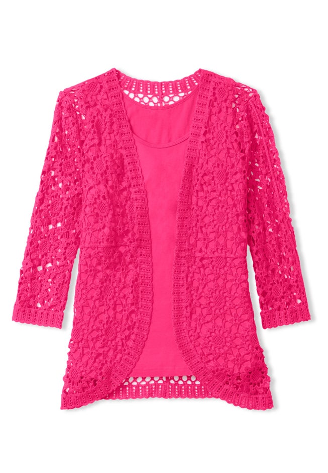 Crochet Curved-Hem Cardigan Sweater image number 1