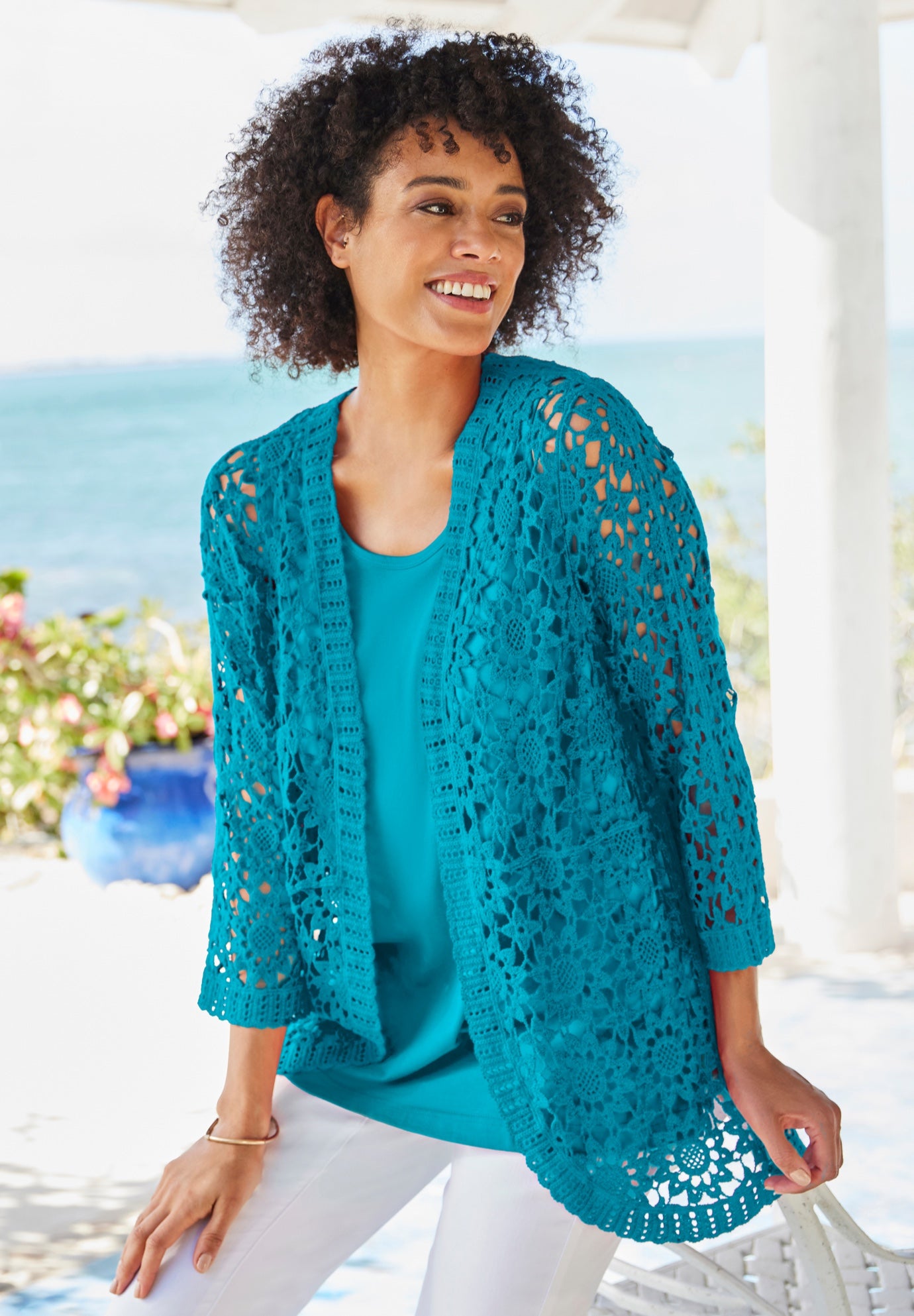Crochet Curved-Hem Cardigan Sweater image number 0