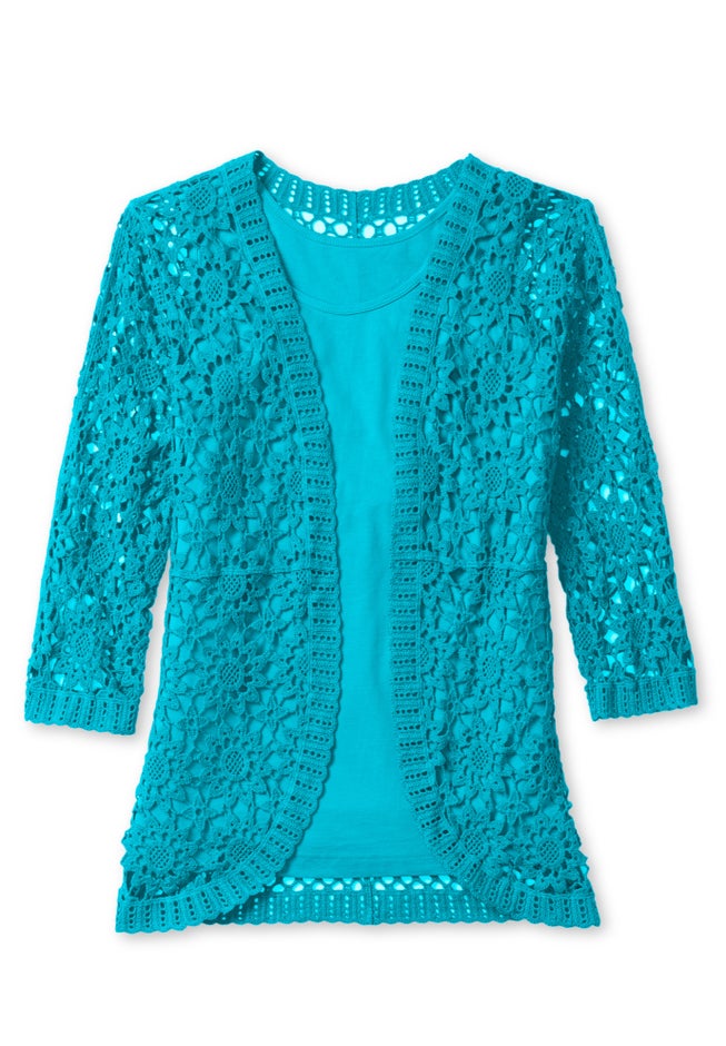 Crochet Curved-Hem Cardigan Sweater image number 1