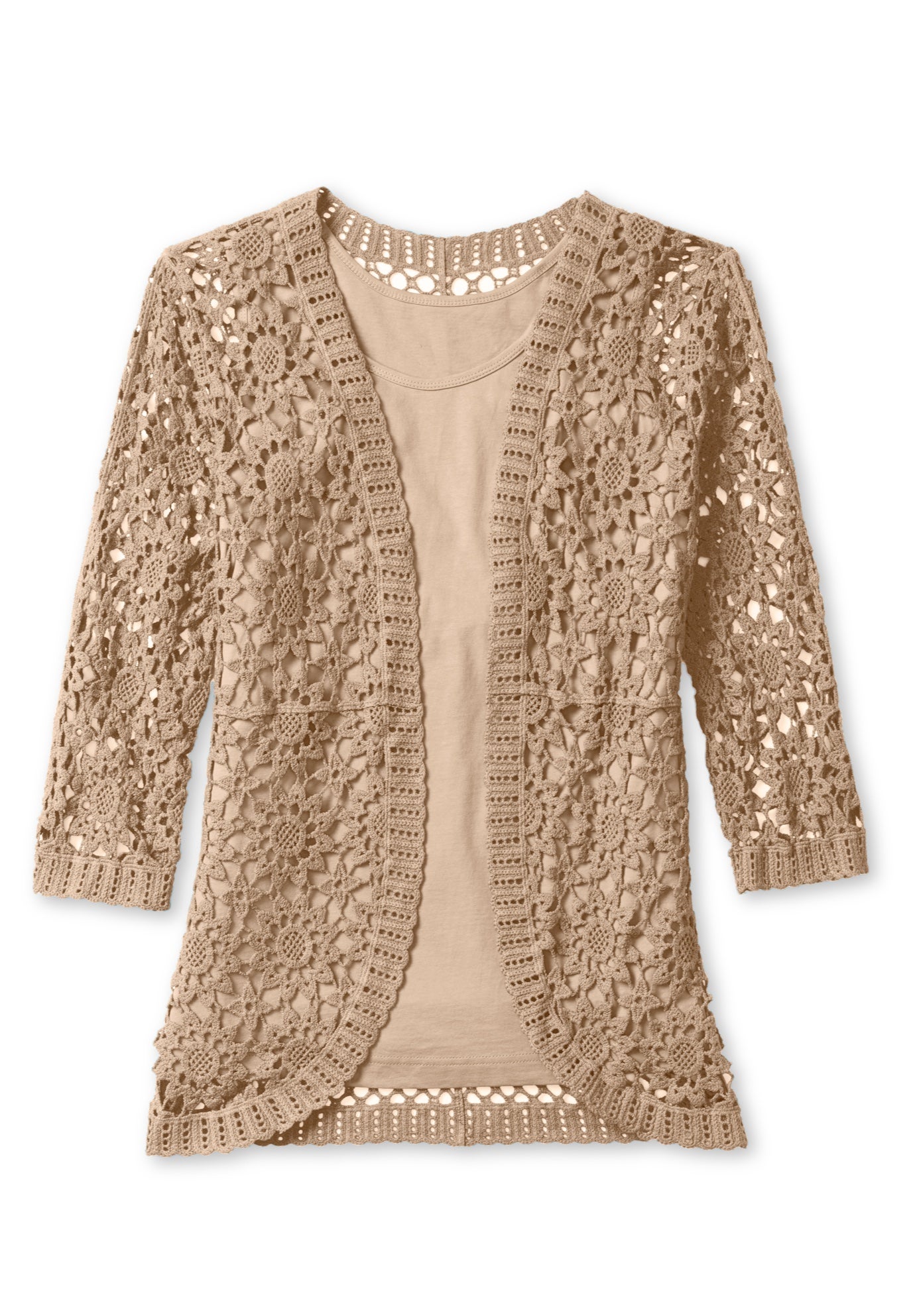 Crochet Curved-Hem Cardigan Sweater image number 1