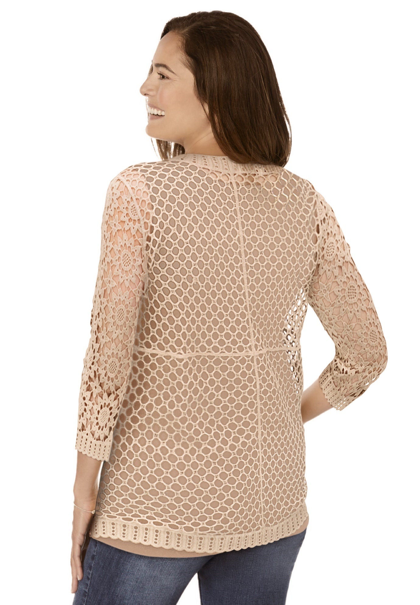 Crochet Curved-Hem Cardigan Sweater image number 2