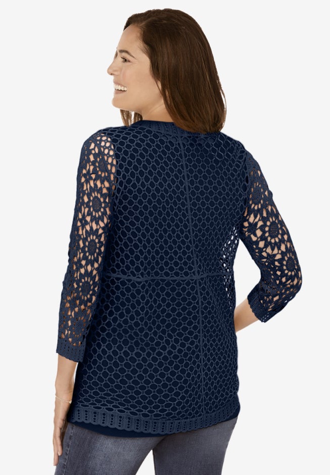 Crochet Curved-Hem Cardigan Sweater image number 2