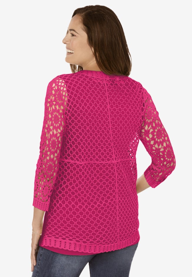 Crochet Curved-Hem Cardigan Sweater image number 2