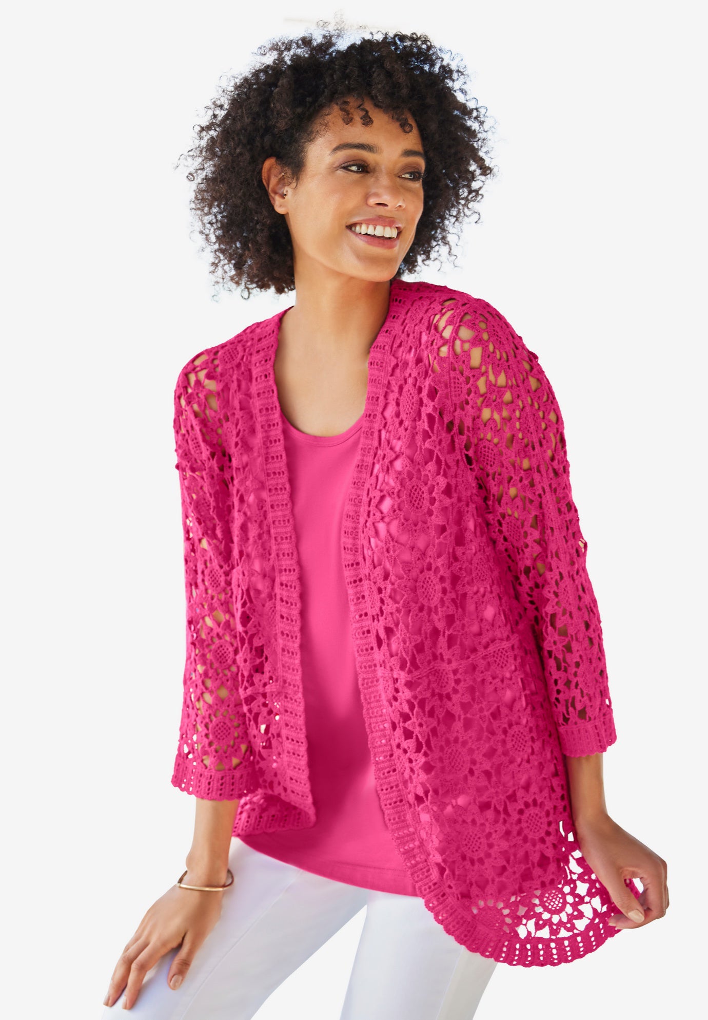 Curved Hem Pointelle Cardigan Sweater image number 0