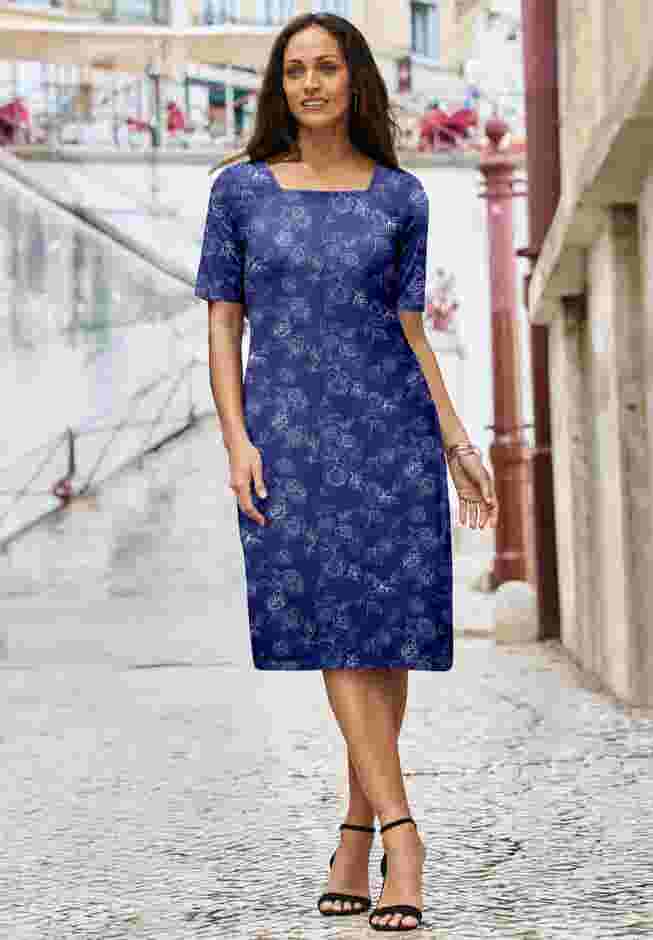 Stretch Cotton Square Neck Midi Dress image number 0