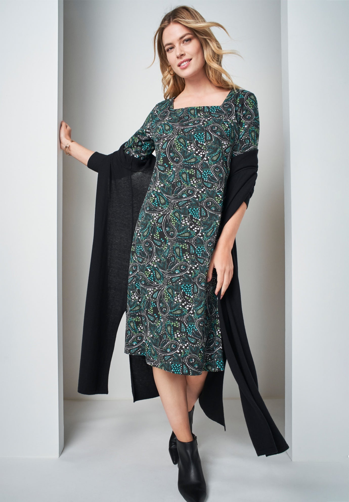 Stretch Cotton Square Neck Midi Dress image number 0