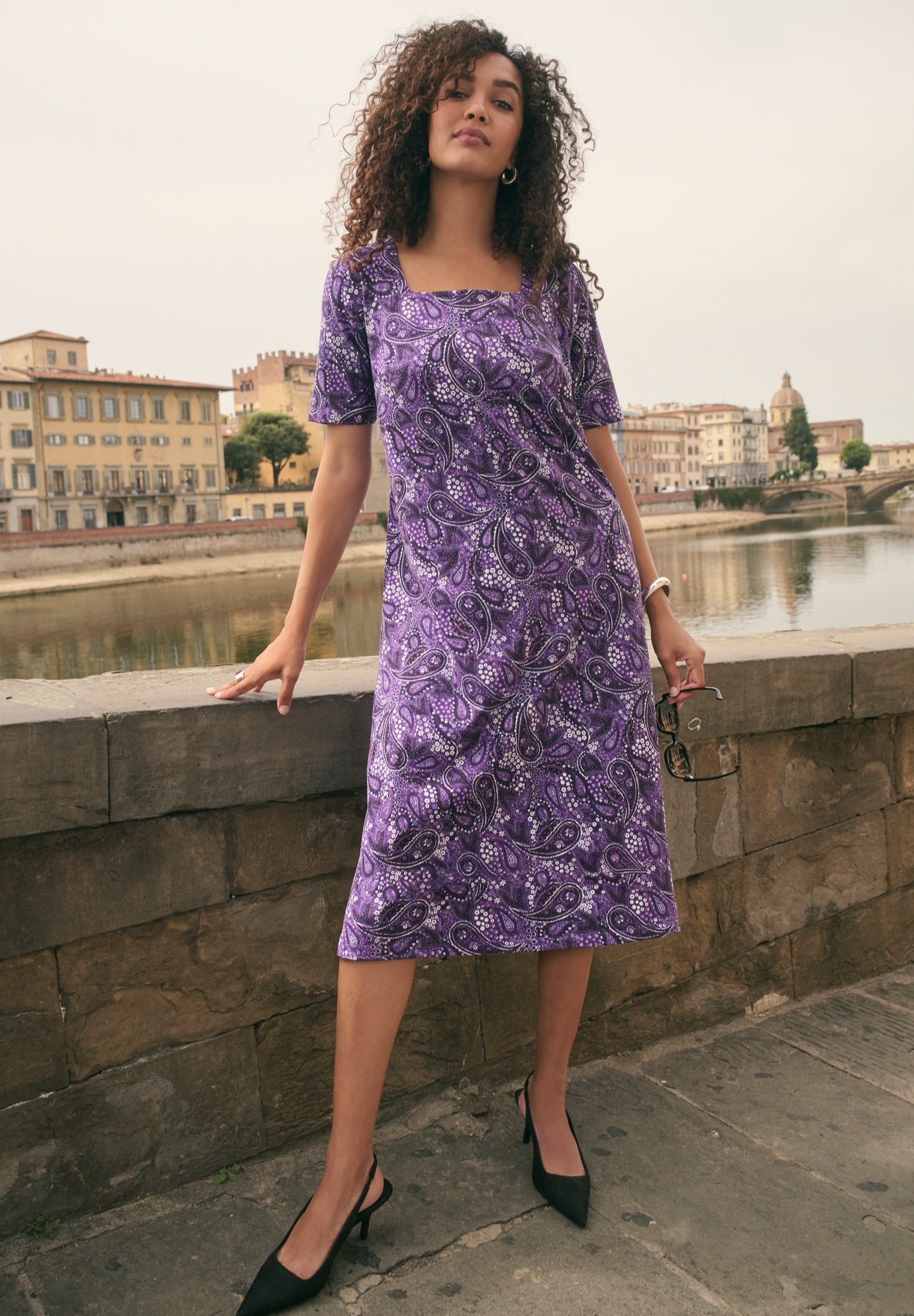 Stretch Cotton Square Neck Midi Dress image number 0