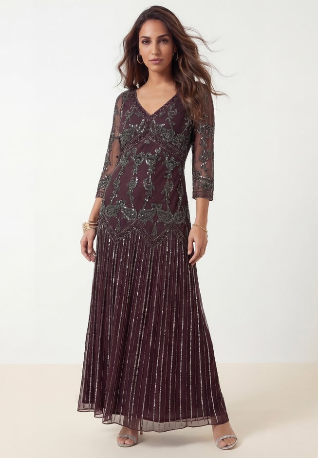 3 4 sleeve beaded dress Beaded 3/4 Sleeve Tulle Gown by Cinderella Divine B707