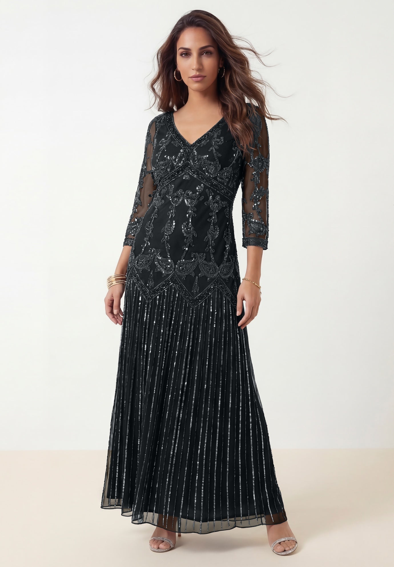 Plus Size Beaded V-Neck 3/4 Sleeve Sleeve Maxi Gown image number 0