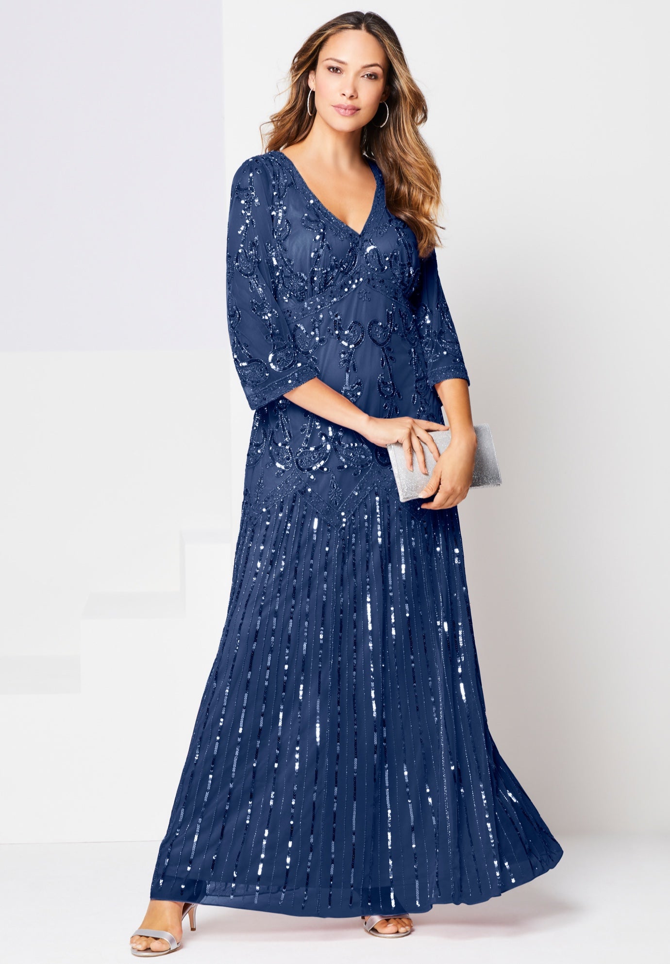 Plus Size Beaded V-Neck 3/4 Sleeve Sleeve Maxi Gown image number 0