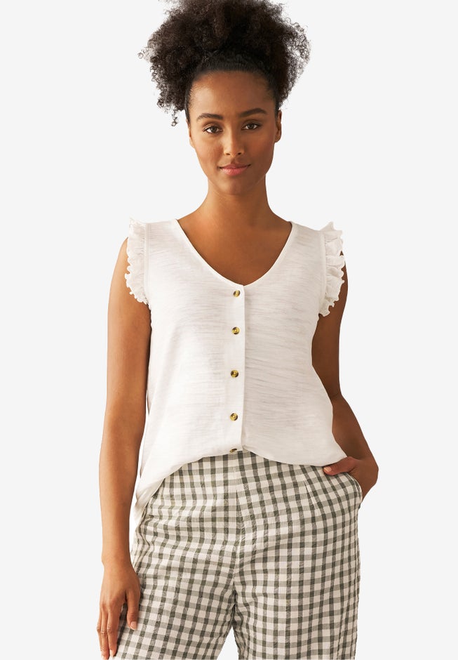 Button-Front Ruffle Sleeve Tank image number 0