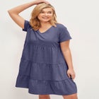 Cotton Spandex Scoop Neck Short Sleeve Tiered A Line Dress image number null