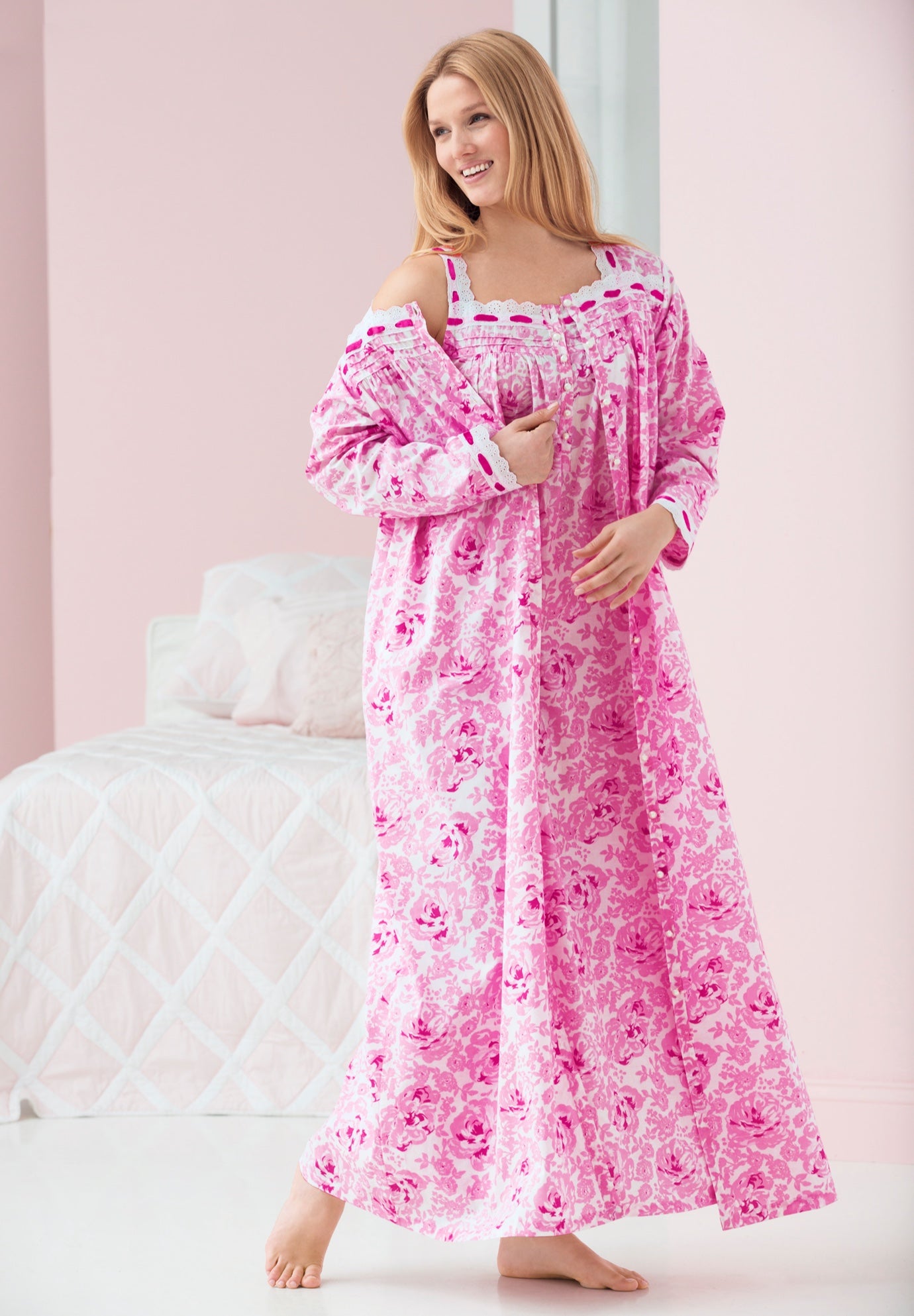 Long 2-Piece Cabbage-Rose Peignoir Set image number 0