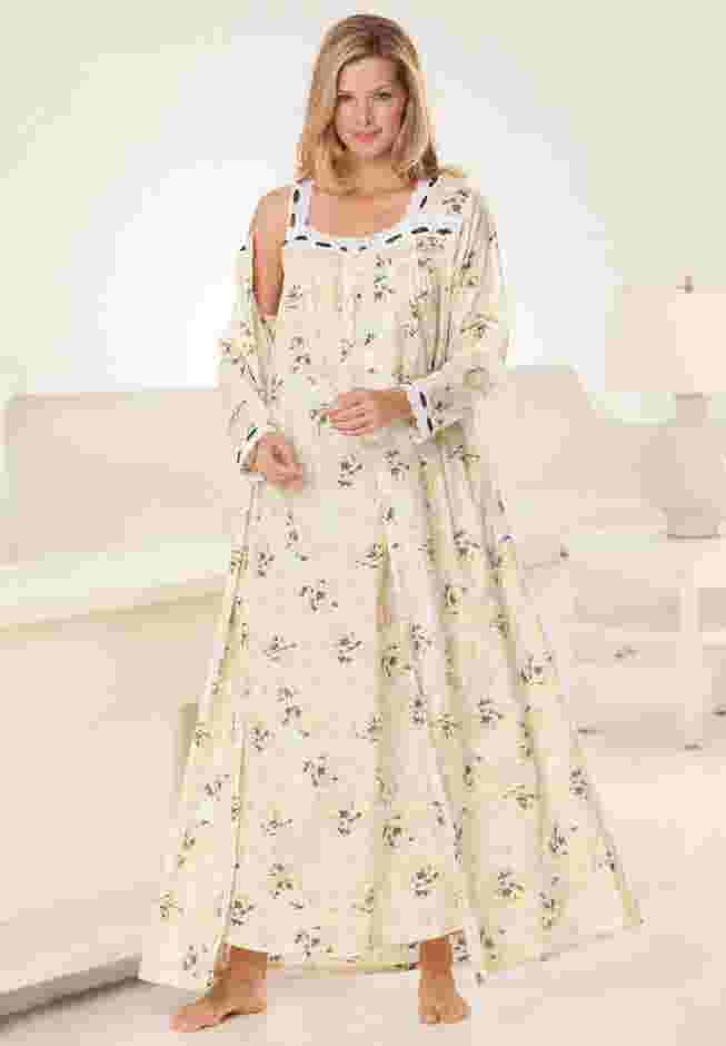 Long 2-Piece Cabbage-Rose Peignoir Set image number 0