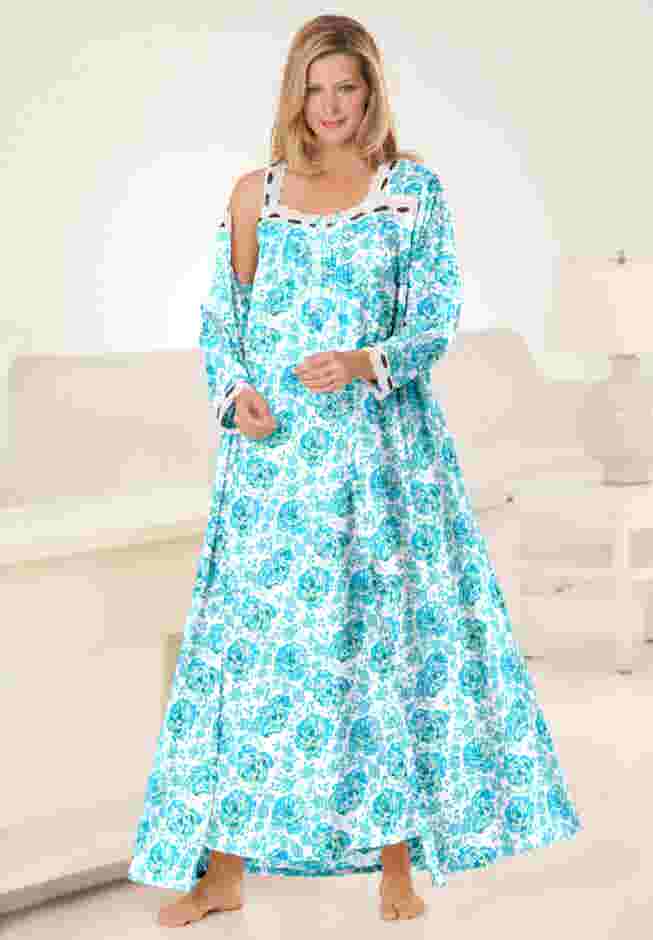 Long 2-Piece Cabbage-Rose Peignoir Set image number 0