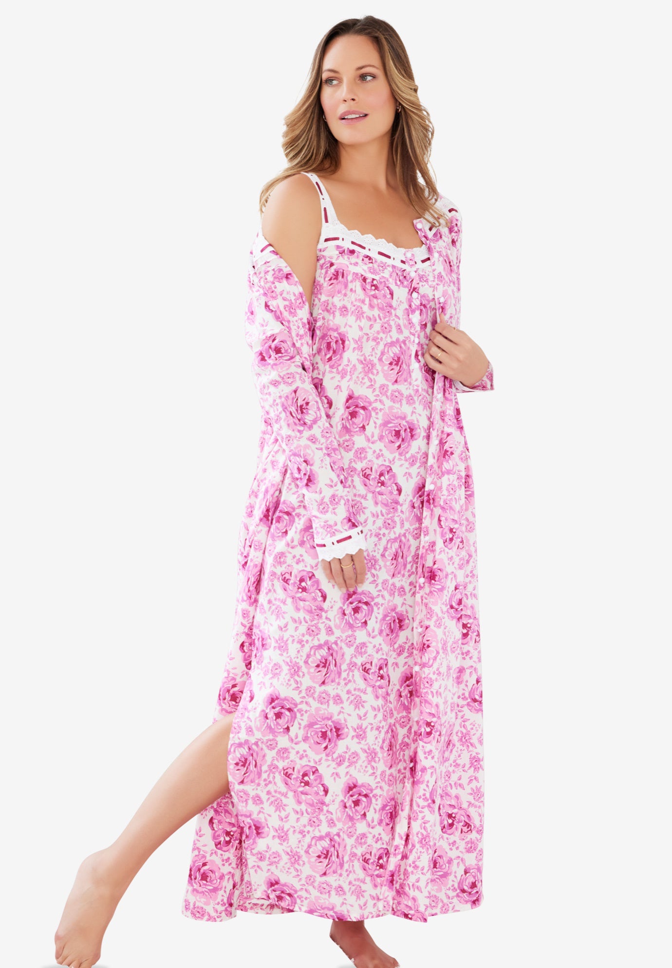 Long 2-Piece Cabbage-Rose Peignoir Set image number 0