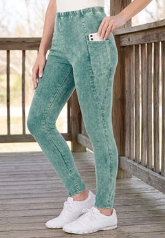Side Pocket Ankle-Length Pull-On Stretch Knit Cotton Spandex Leggings