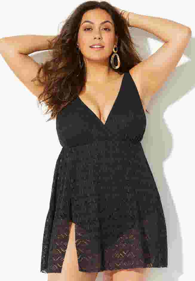 Crochet Side Slit V-Neck Swimdress image number 2