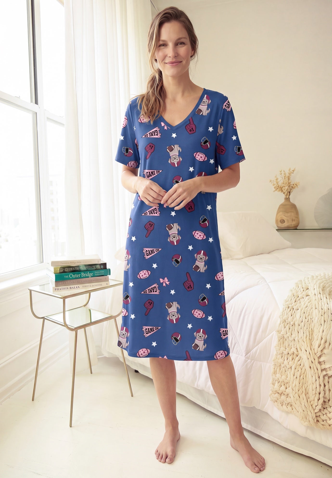V-Neck Short Sleeve Knee-Length Cotton Sleepshirt image number 0