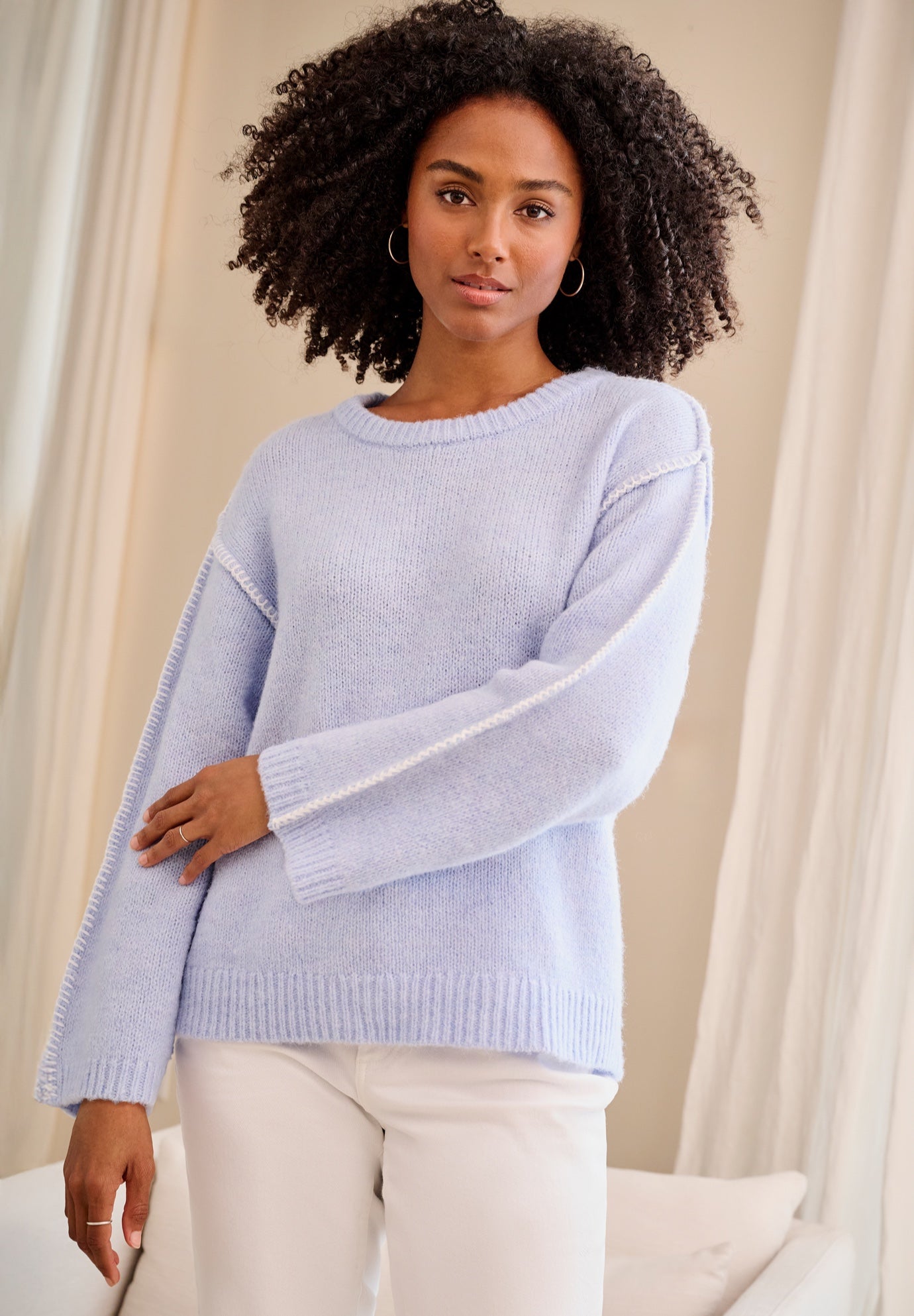 Stretch Boat Neck Whipstitch Pullover Sweater image number 0