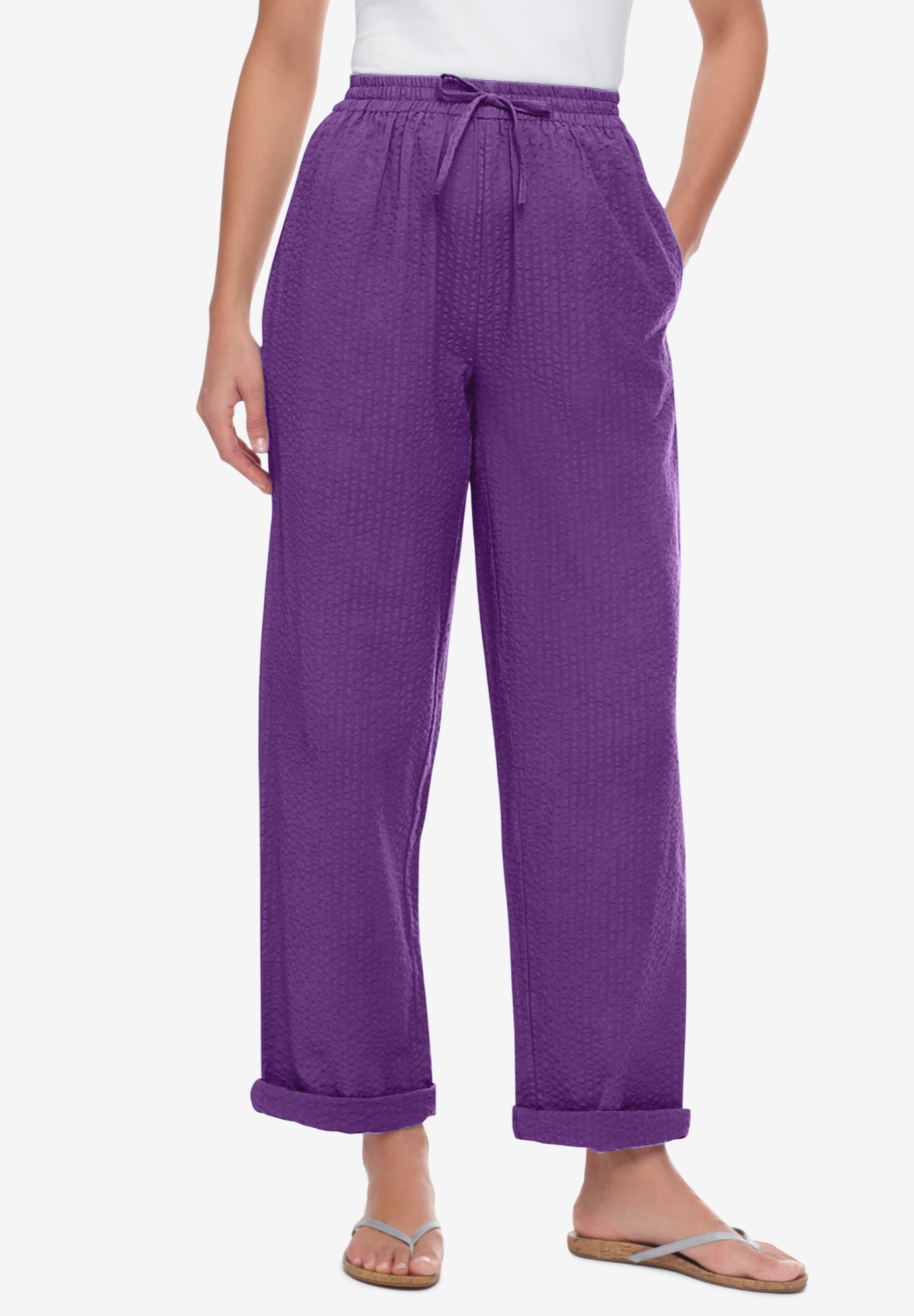 Seersucker Pull-on Elastic-Waist Pants image number 0